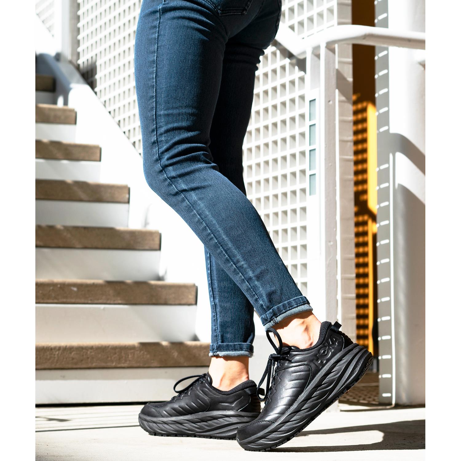 Womens Hoka one one Women's Hoka Bondi SR Black Leather (Neutral Support) Black Leather