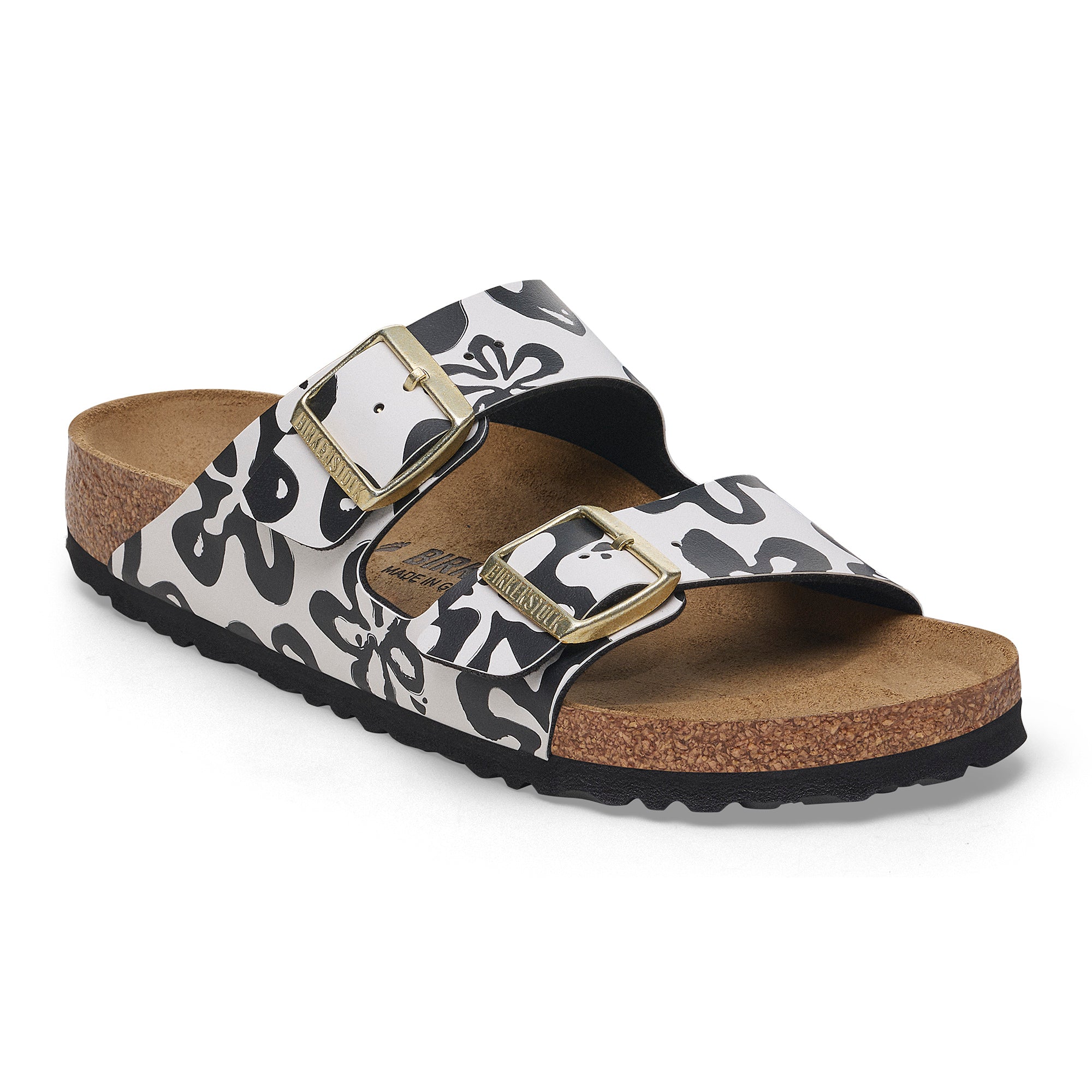 Womens Birkenstock Women's Arizona Blooms White/Black Birko-Flor Blooms White/Black