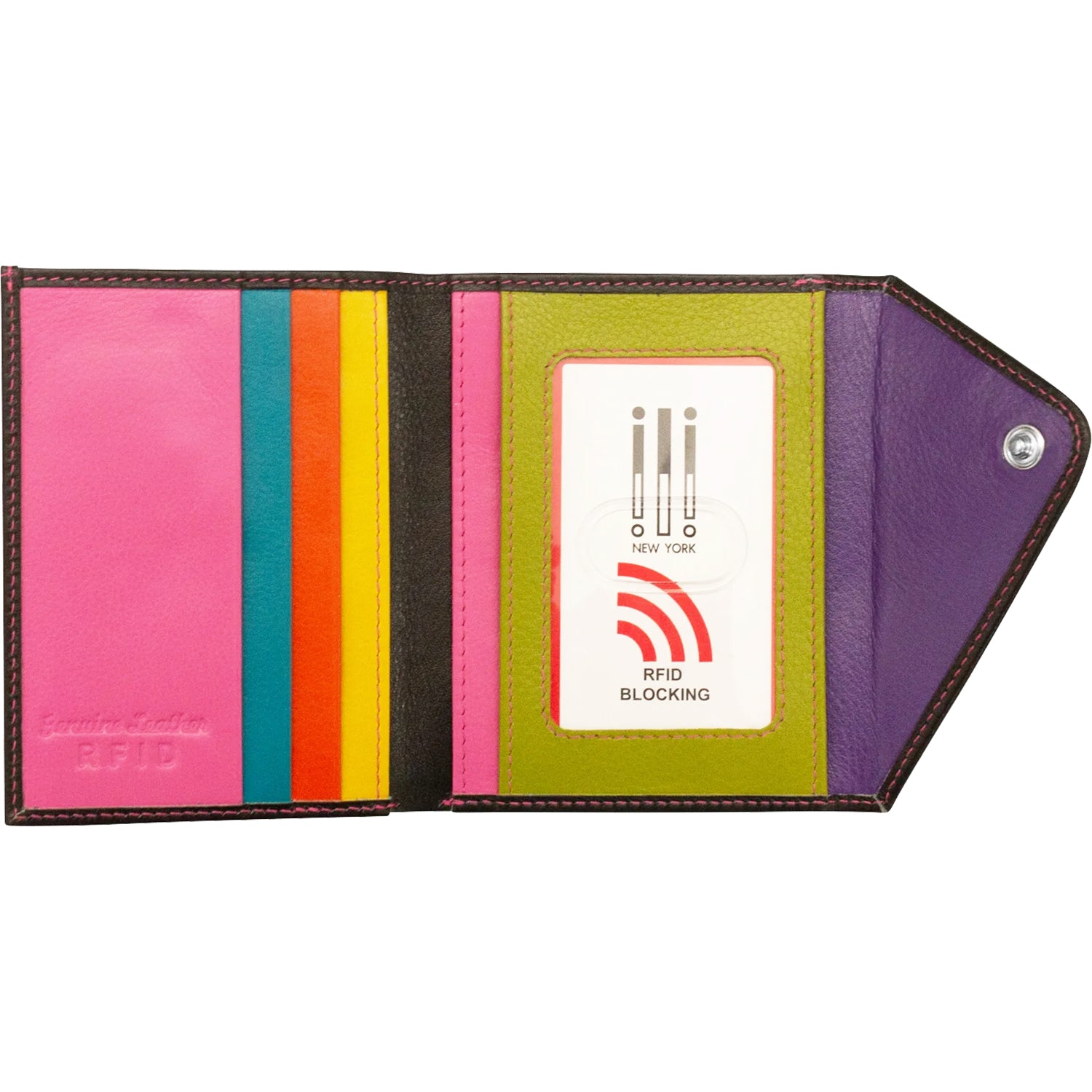 Womens Ili new york ili New York Mini Snap Tri-fold Wallet Black Brights Leather Black Brights Leather