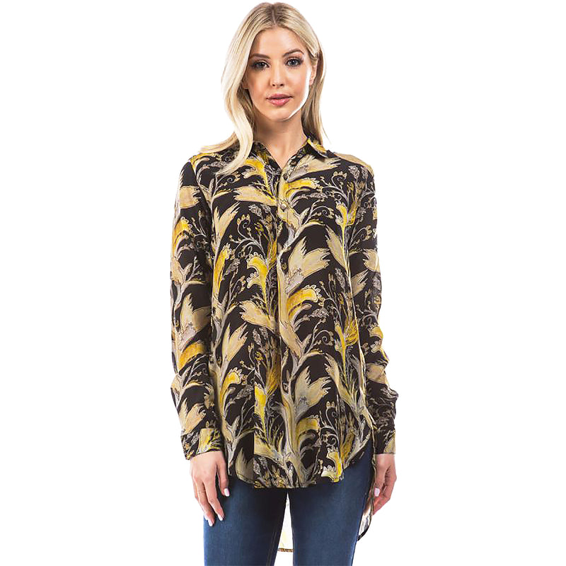 Women's APNY Half Button-Up Pullover Tunic Yellow and Black Print