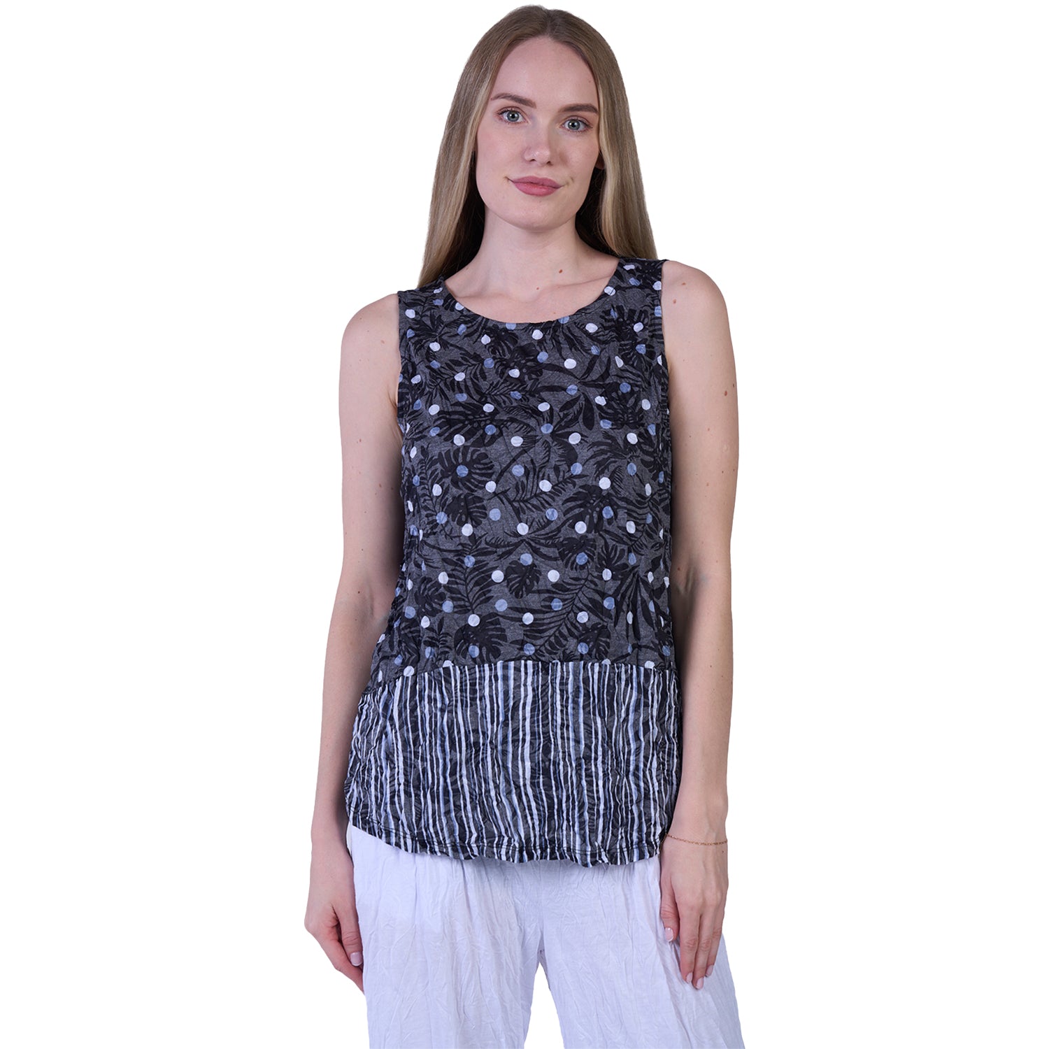 Womens Shana apparel Women's Shana Apparel Crinkle Tank Top Dot Stripe Black Black
