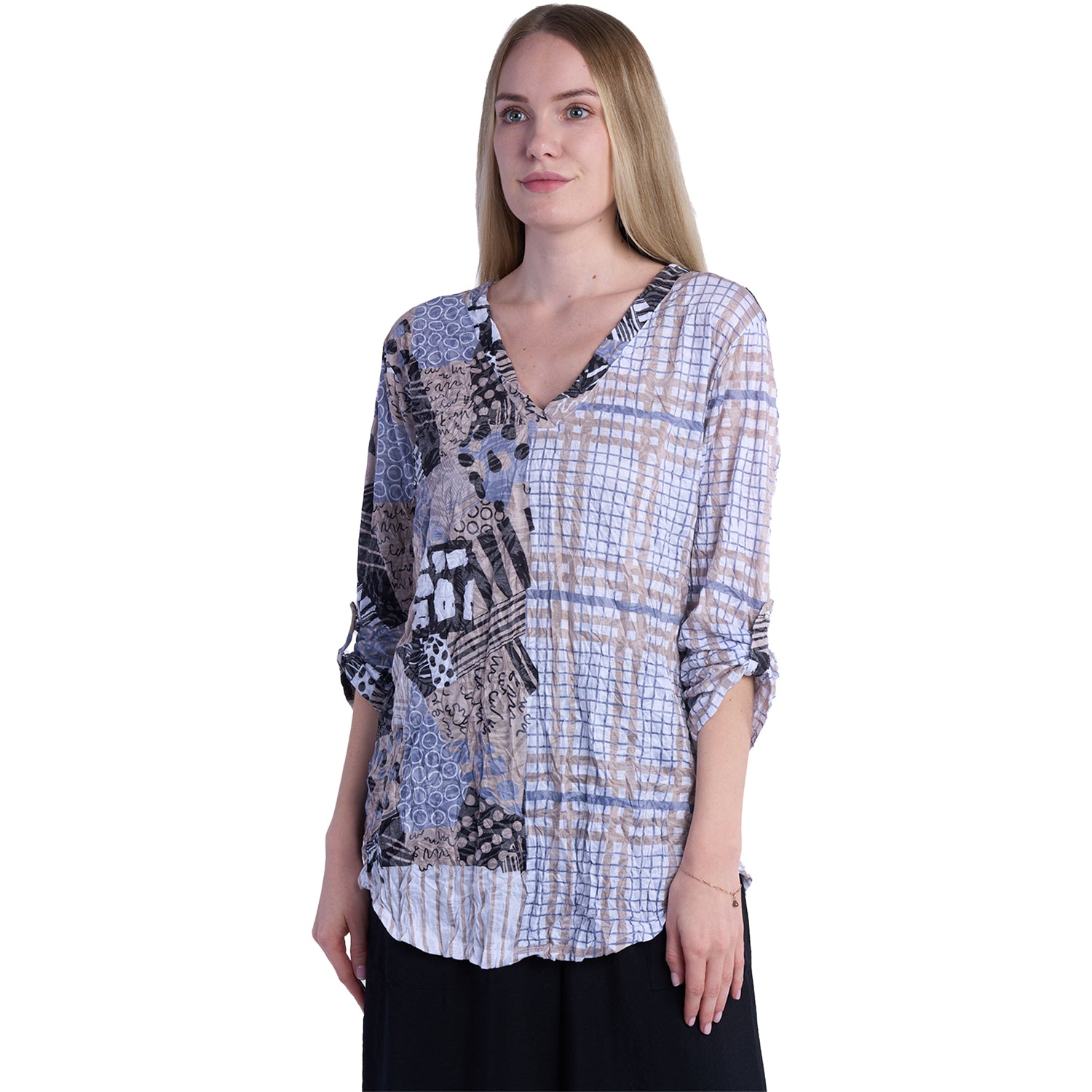 Womens Shana apparel Women's Shana Apparel Crinkle Mix Media Top V-Neck Khaki Multi Khaki Multi