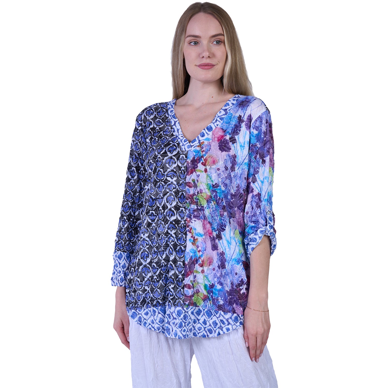 Womens Shana apparel Women's Shana Apparel Crinkle Mix Media Top V-Neck Navy Multi Navy Multi