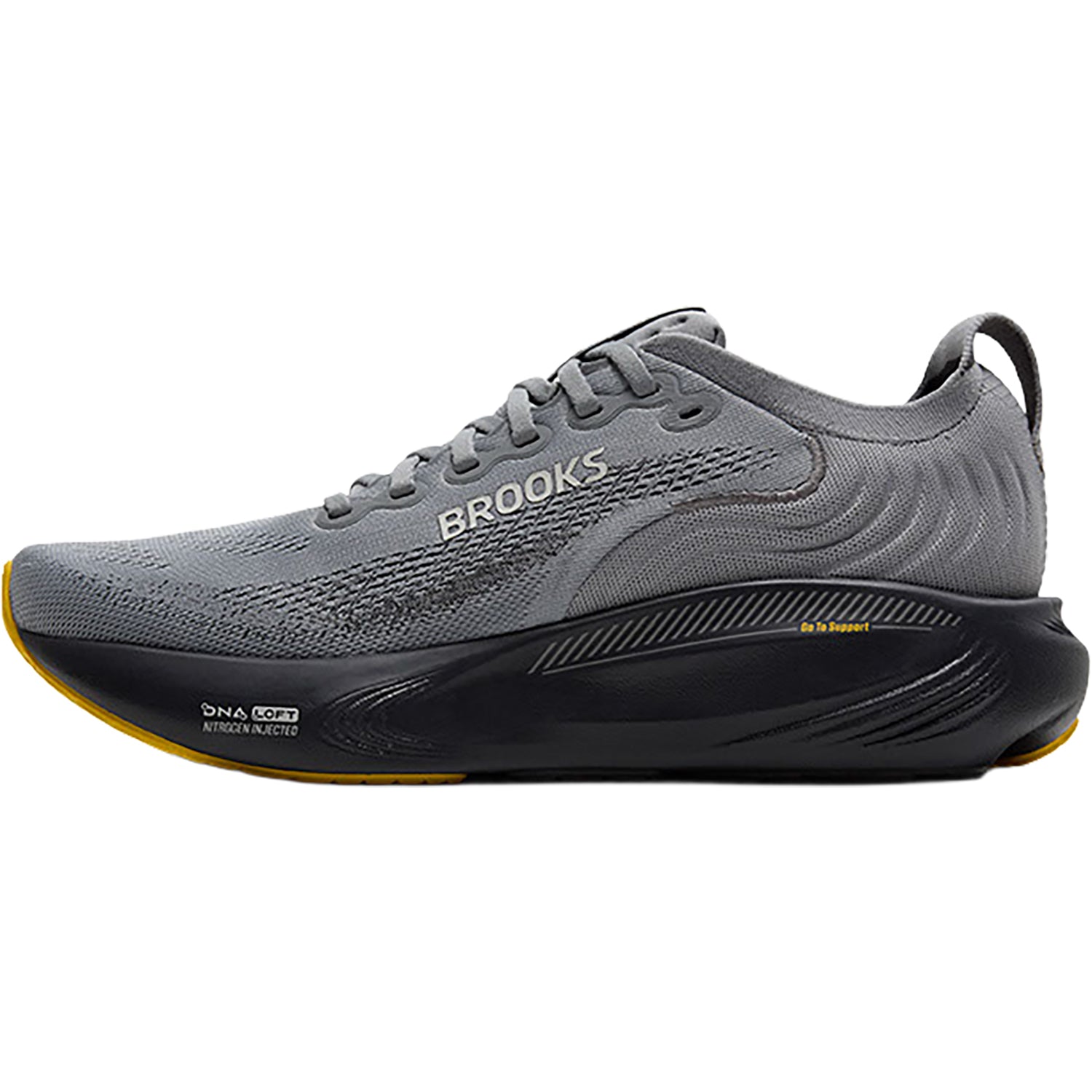 Mens Brooks Brooks Adrenaline GTS 25 Primer Grey/Ebony/Jasmin (Stability Support) Men's Athletic Shoes Primer Grey /Ebony/Jasmin Primer Grey /Ebony/Jasmin