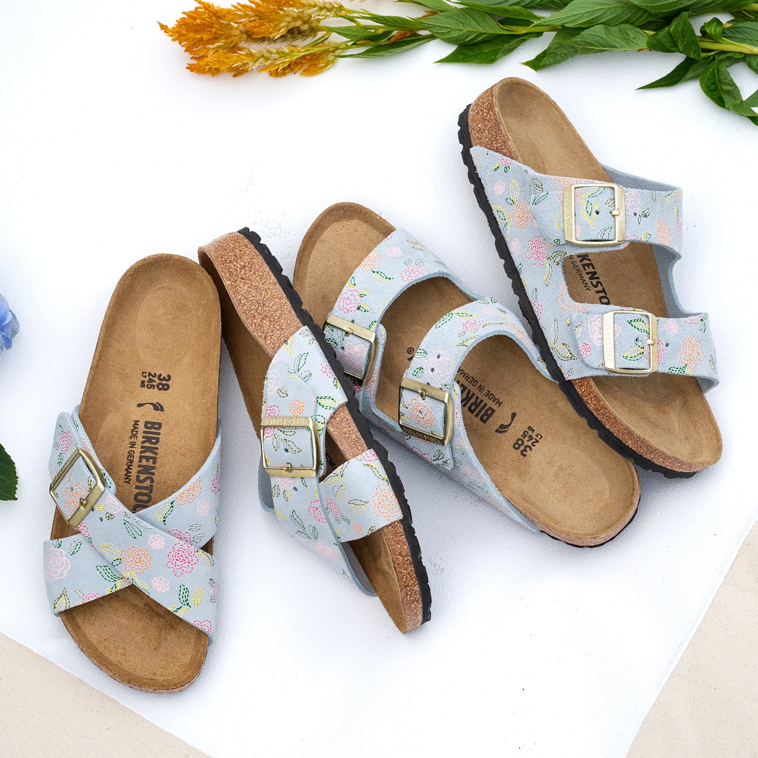Womens Birkenstock Birkenstock Arizona Flowers Women's Sandals Baby Blue Suede Baby Blue Suede