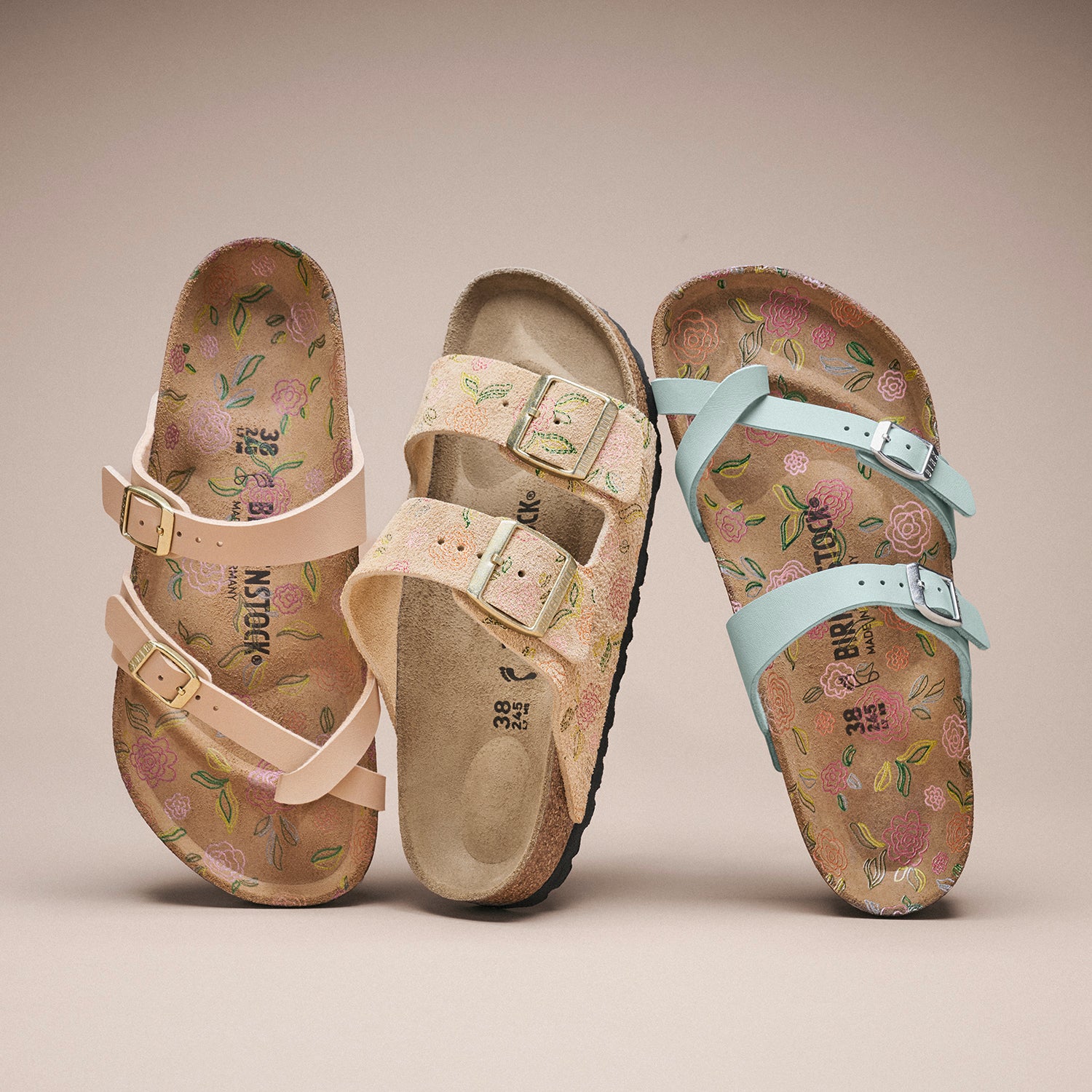 Womens Birkenstock Birkenstock Arizona Flowers Women's Sandals Sandcastle Suede Sandcastle Suede