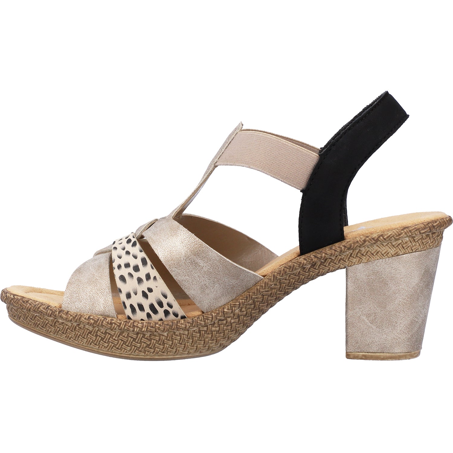 Womens Rieker Rieker 665K3-60 Rabea K3 Women's High Heel Sandals Beige/Black Synthetic Beige/Black Synthetic