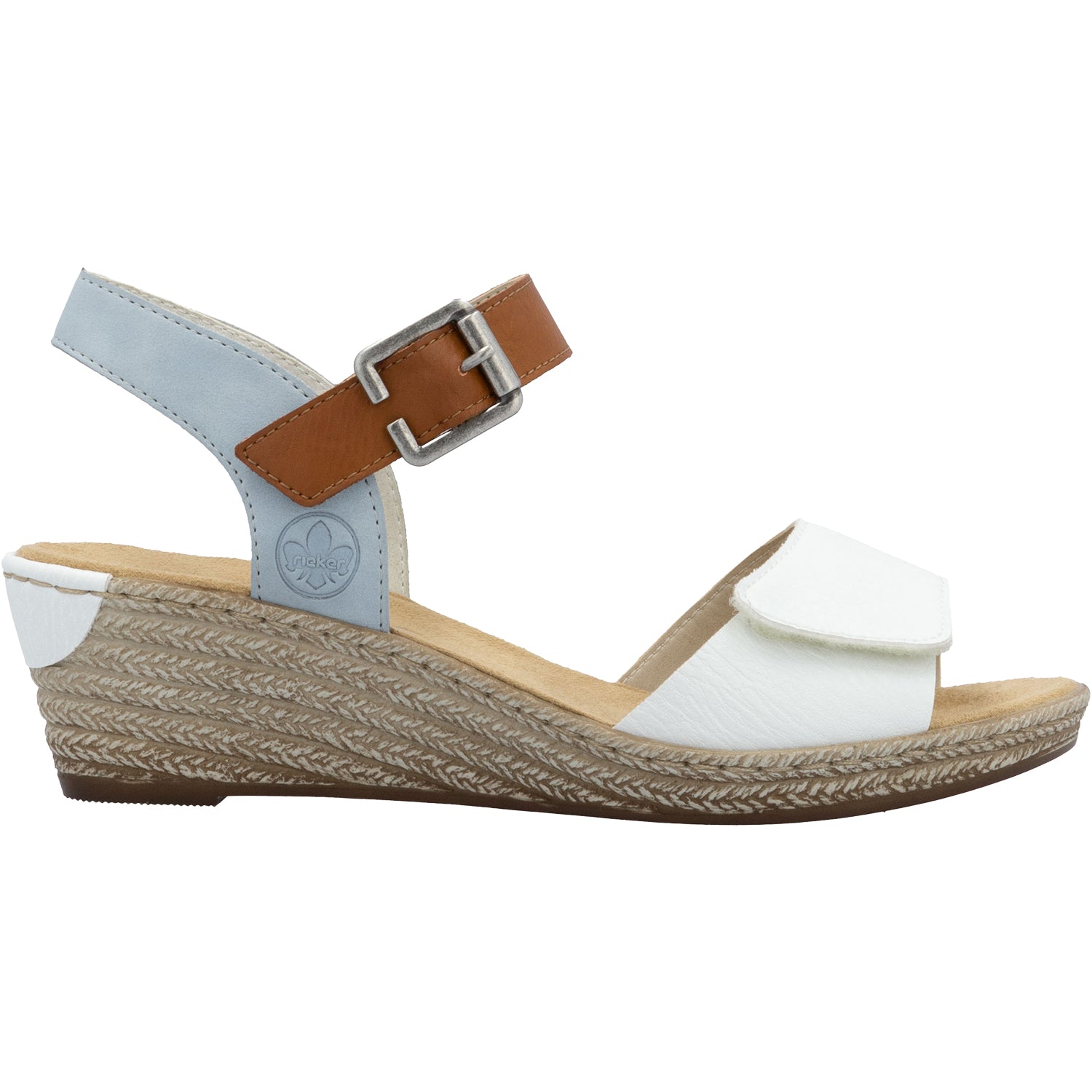 Womens Rieker Rieker 62460-80 Fanni 80 Women's Wedge Sandals Weiss/Cayenne/Ciel Synthetic Weiss/Cayenne/Ciel Synthetic