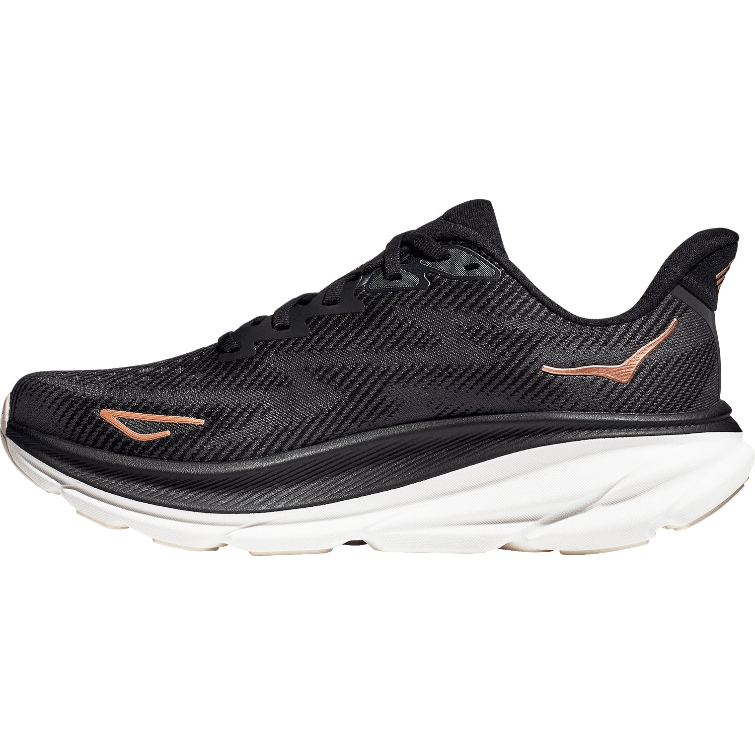 Womens Hoka one one Women's Hoka Clifton 9 Black/Rose Gold Mesh (Neutral Support) Black/Rose Gold Mesh