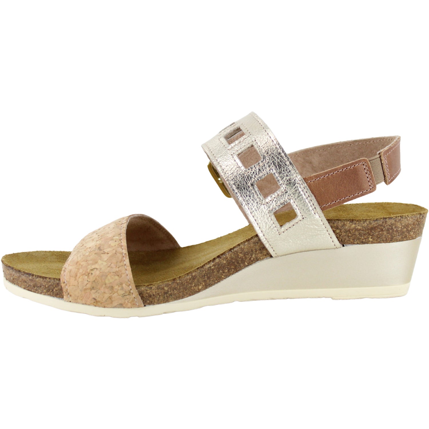 Womens Naot Naot Dynasty Women's Wedge Sandals Cork/Radiant Gold/Latte Leather Cork/Radiant Gold/Latte Leather