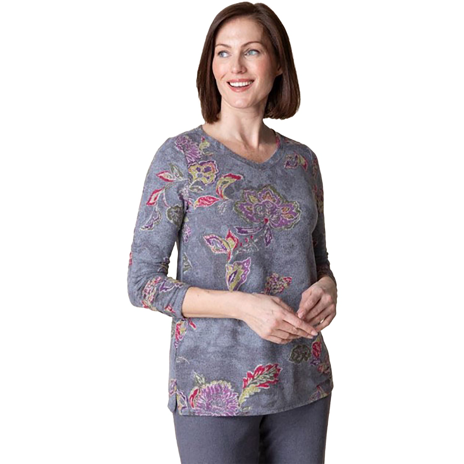 Womens Habitat Habitat Ruched V Neck Women's Long Sleeve Top Iron Vintage Floral Iron Vintage Floral