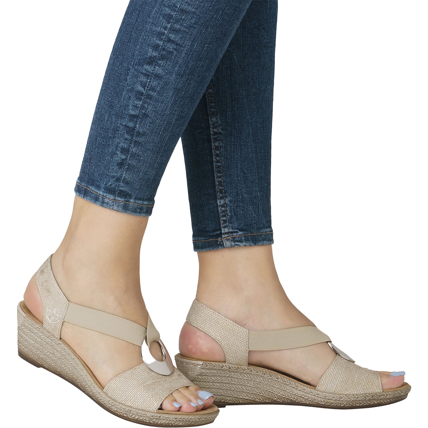 Womens Rieker Rieker 624H6-93 Fanni H6 Women's Wedge Sandals Muschel Stripe Metallic Synthetic Muschel Stripe Metallic Synthetic