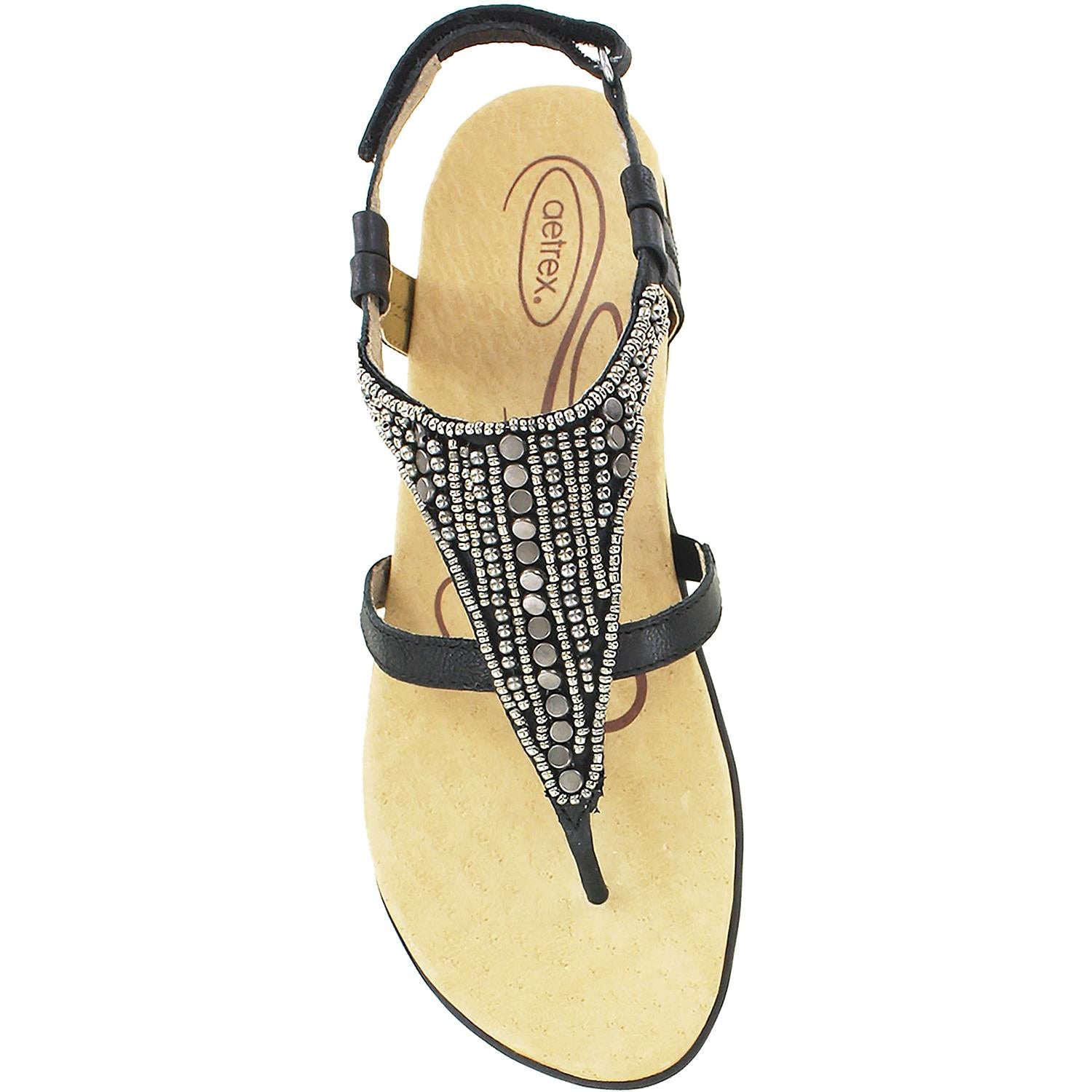 Womens Aetrex Aetrex Sheila Women's T-Strap Sandals Black/Beige Leather Black/Beige Leather