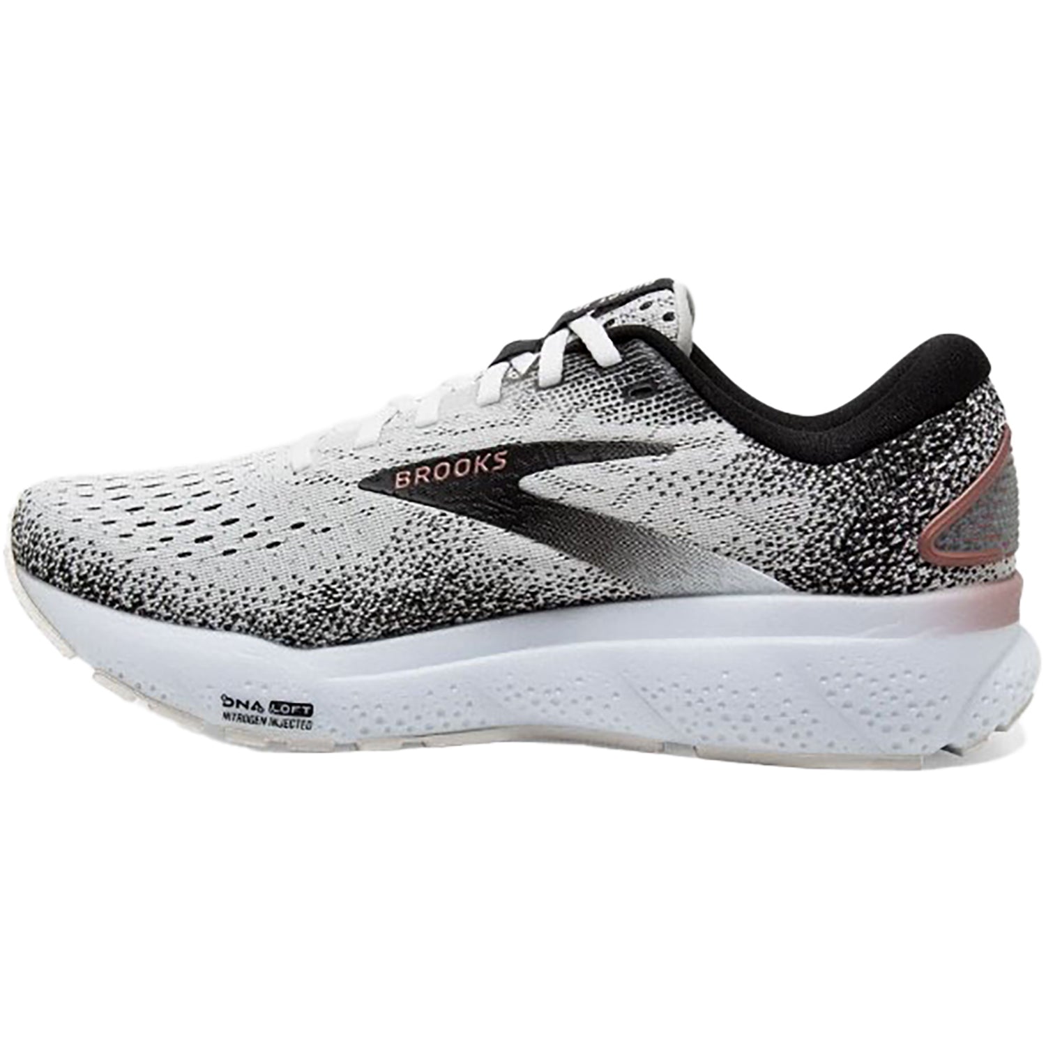 Womens Brooks Brooks Ghost 16 Women's Athletic Shoes White/Black/Rose Gold Mesh (Neutral Support) White/Black/Rose Gold Mesh