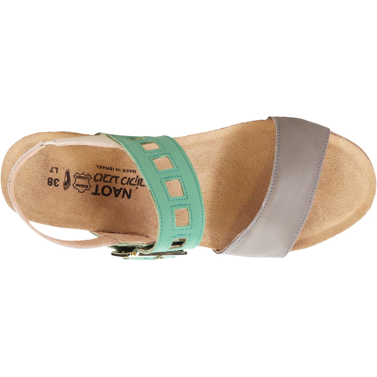 Womens Naot Naot Dynasty Women's Wedge Heel Sandals Foggy Grey/Soft Jade/Soft Ivory Leather Foggy Grey/Soft Jade/Soft Ivory Leather