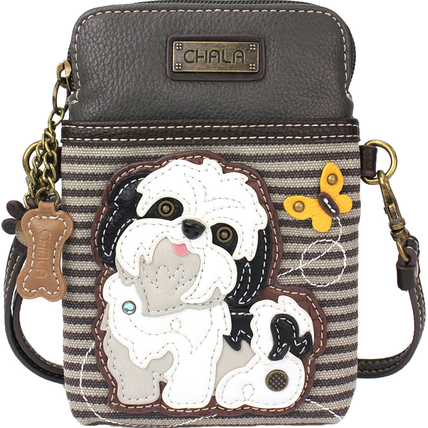 Unisex Chala Chala White Shih Tzu Cellphone Crossbody Handbag Gray Stripe Synthetic Gray Stripe Synthetic