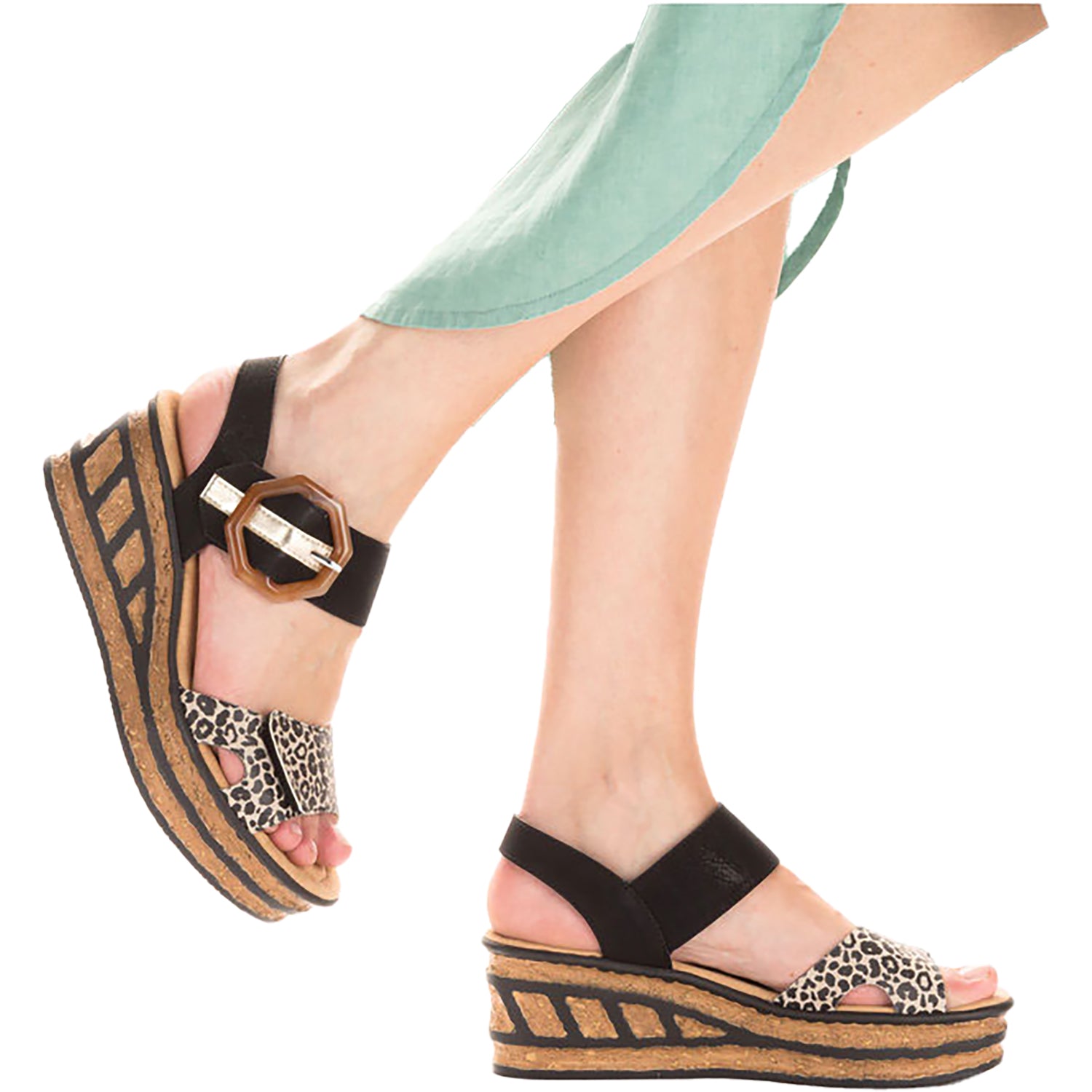 Womens Rieker Rieker 68176-00 Women's Wedge Sandals Ginger/Schwarz/Lightgold Synthetic Ginger/Schwarz/Lightgold Synthetic