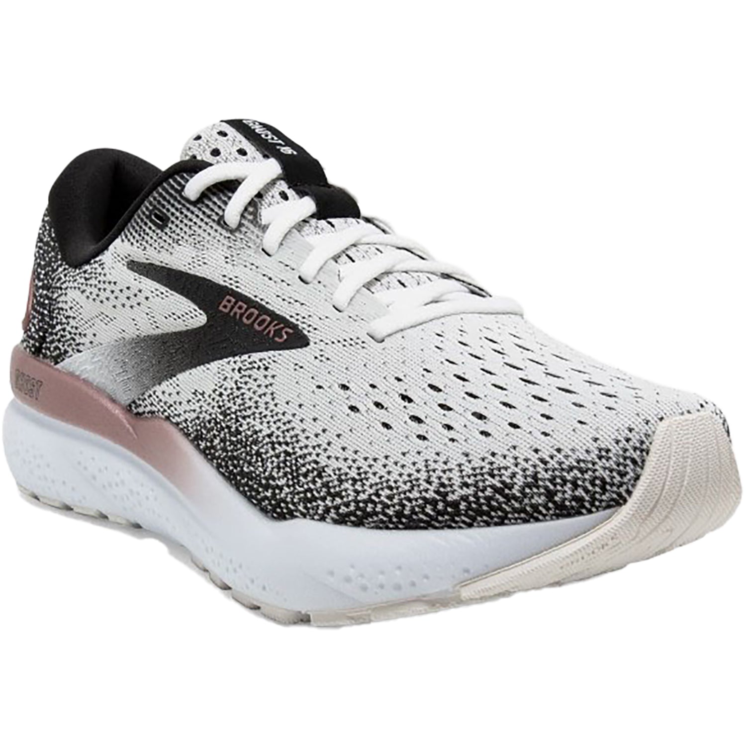 Womens Brooks Brooks Ghost 16 Women's Athletic Shoes White/Black/Rose Gold Mesh (Neutral Support) White/Black/Rose Gold Mesh