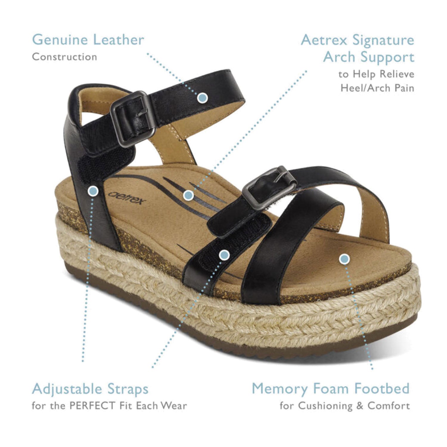 Womens Aetrex Aetrex Paula Women's Espadrille Sandals Black Leather Black Leather