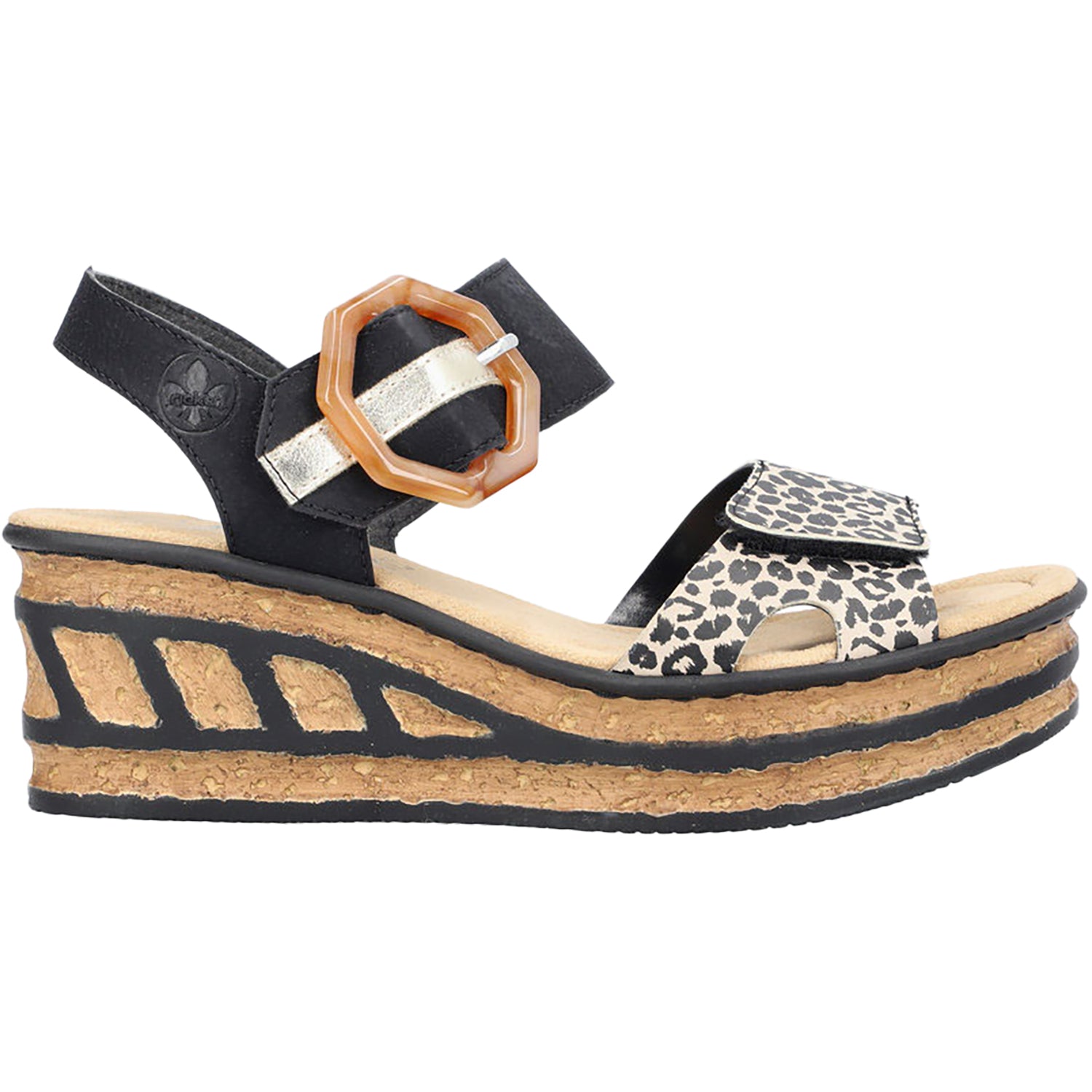 Womens Rieker Rieker 68176-00 Women's Wedge Sandals Ginger/Schwarz/Lightgold Synthetic Ginger/Schwarz/Lightgold Synthetic