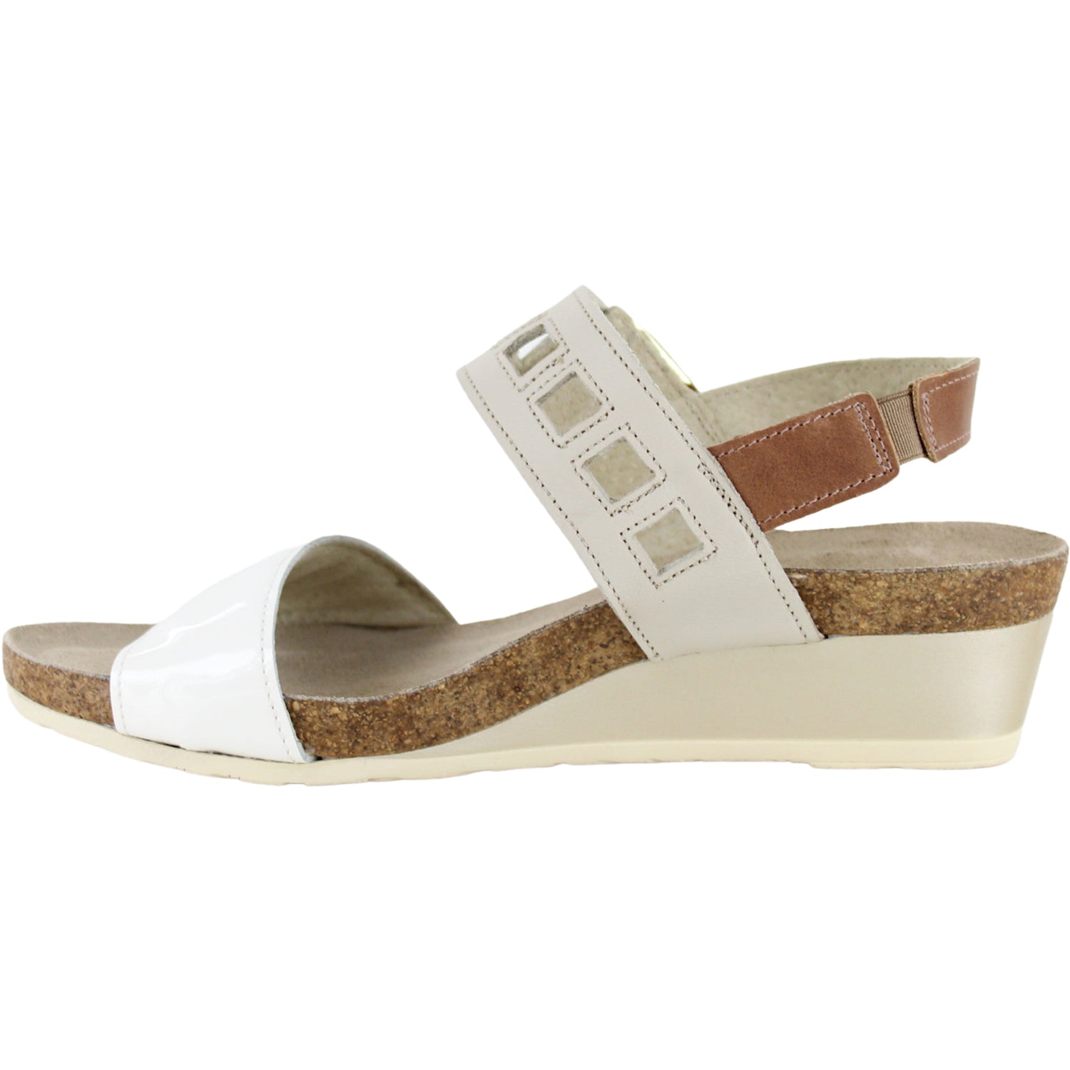 Womens Naot Naot Dynasty Women's Wedge Sandals Porcelain Pearl/Soft Ivory/Latte Leather Porcelain Pearl/Soft Ivory/Latte Leather