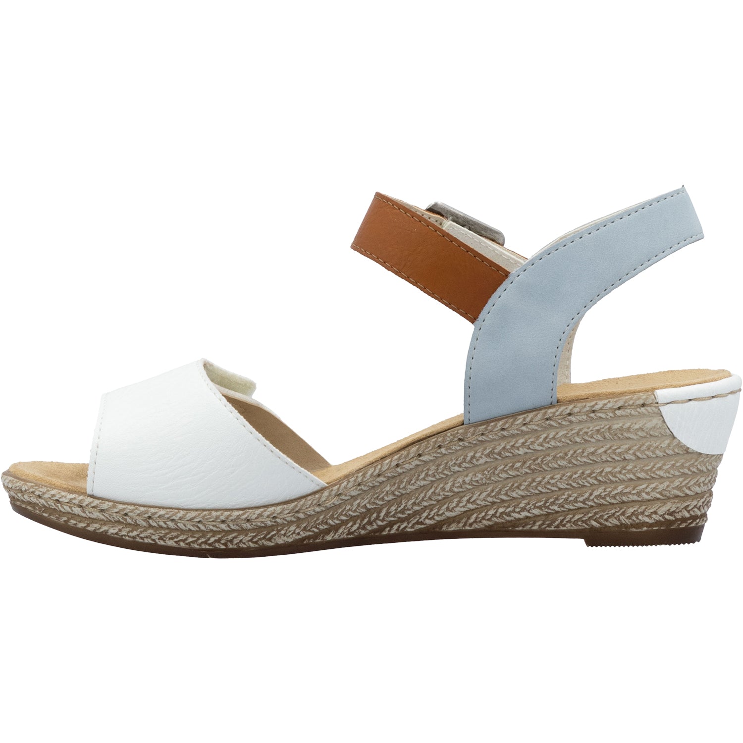 Womens Rieker Rieker 62460-80 Fanni 80 Women's Wedge Sandals Weiss/Cayenne/Ciel Synthetic Weiss/Cayenne/Ciel Synthetic