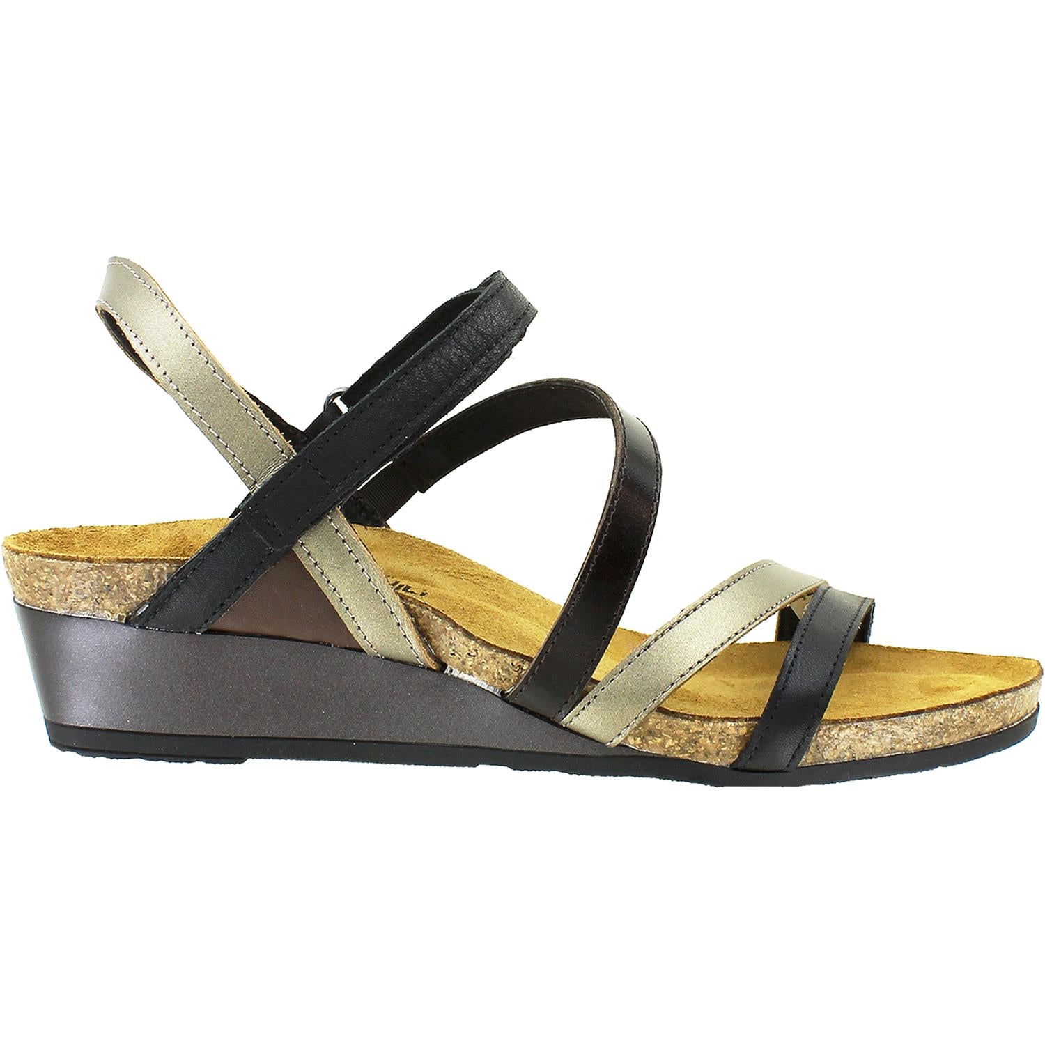 Womens Naot Naot Hero Women's Wedge Heel Sandals Black/Pewter/Walnut Leather Black/Pewter/Walnut Leather