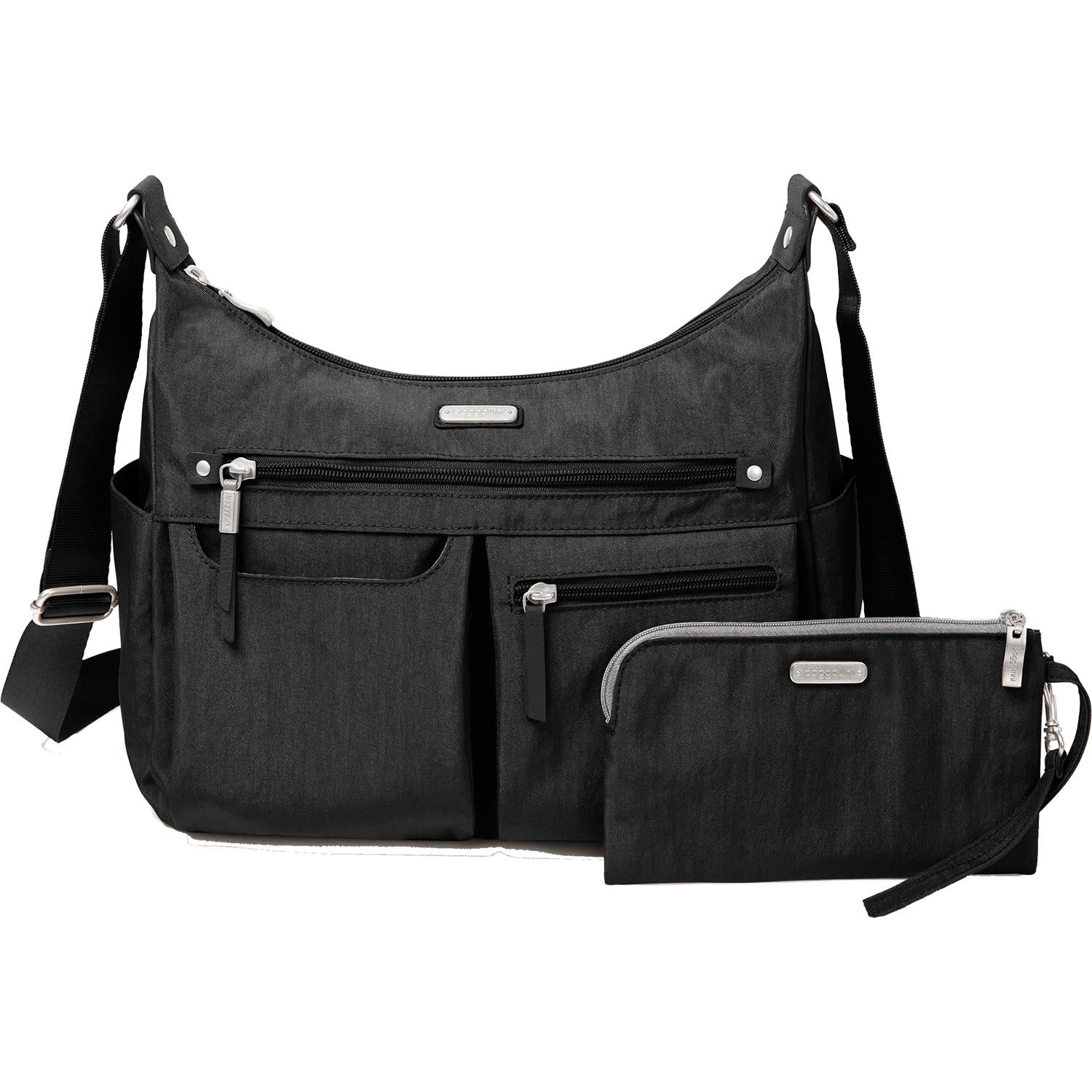 Womens Baggallini Baggallini Anywhere Large Hobo Tote with RFID Phone Wristlet Black Nylon Black Nylon