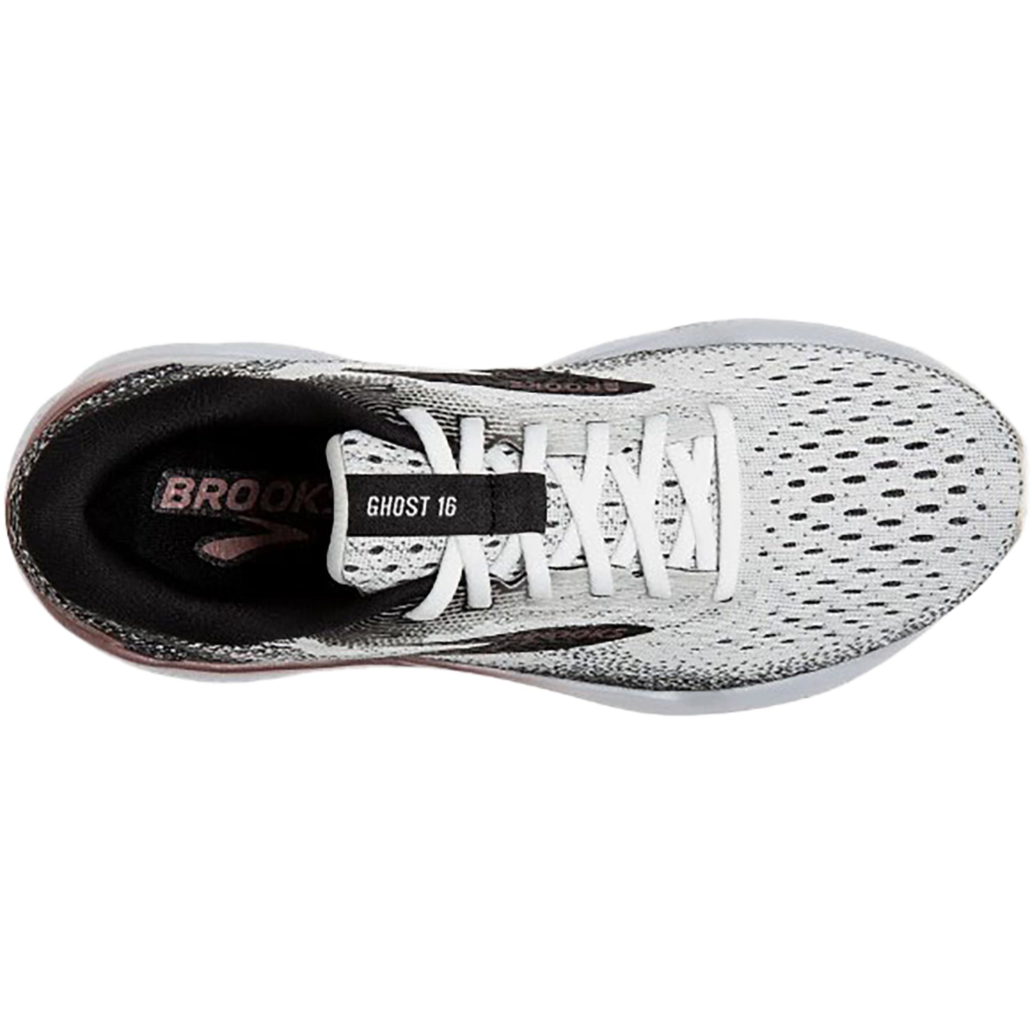 Womens Brooks Brooks Ghost 16 Women's Athletic Shoes White/Black/Rose Gold Mesh (Neutral Support) White/Black/Rose Gold Mesh