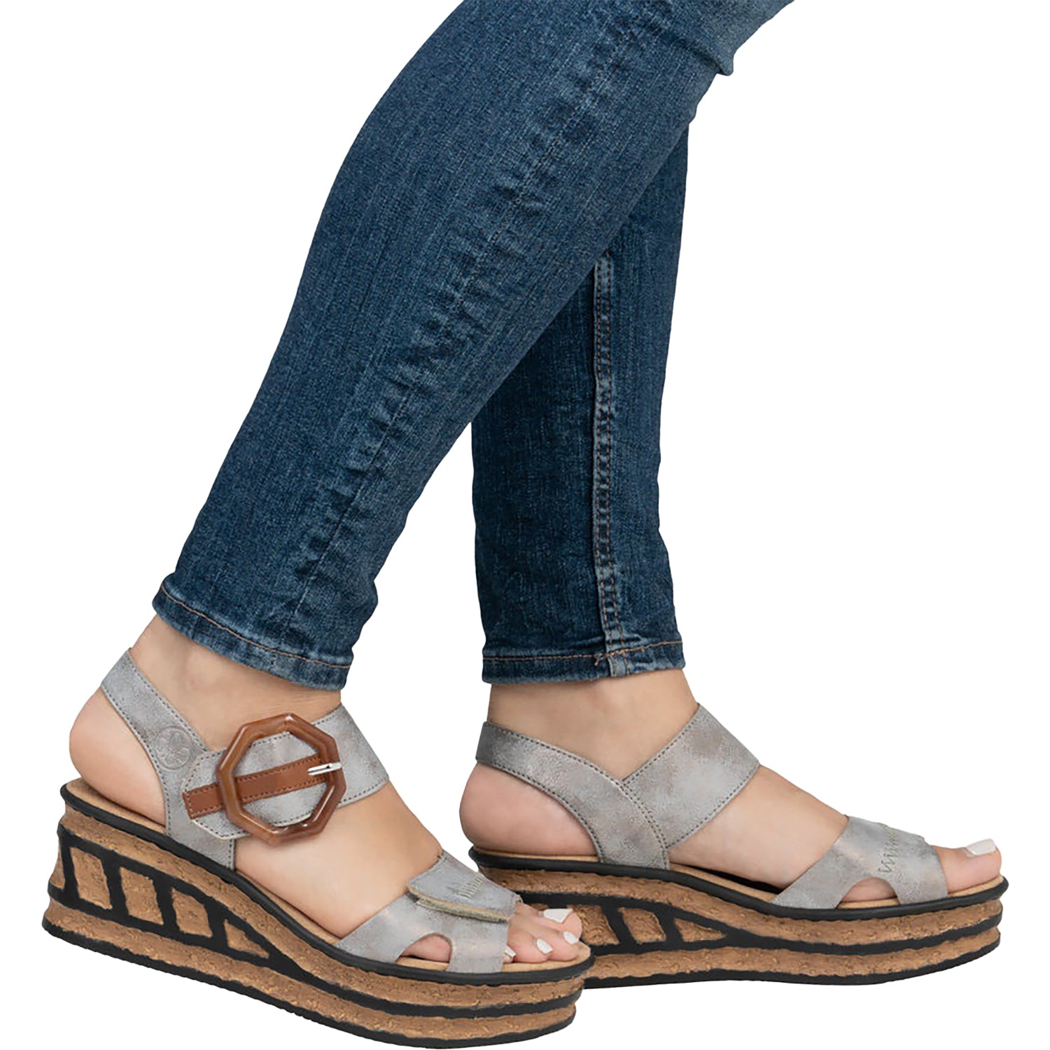 Womens Rieker Rieker 68176-40 Women's Wedge Sandals Grey/Cayenne Synthetic Grey/Cayenne Synthetic