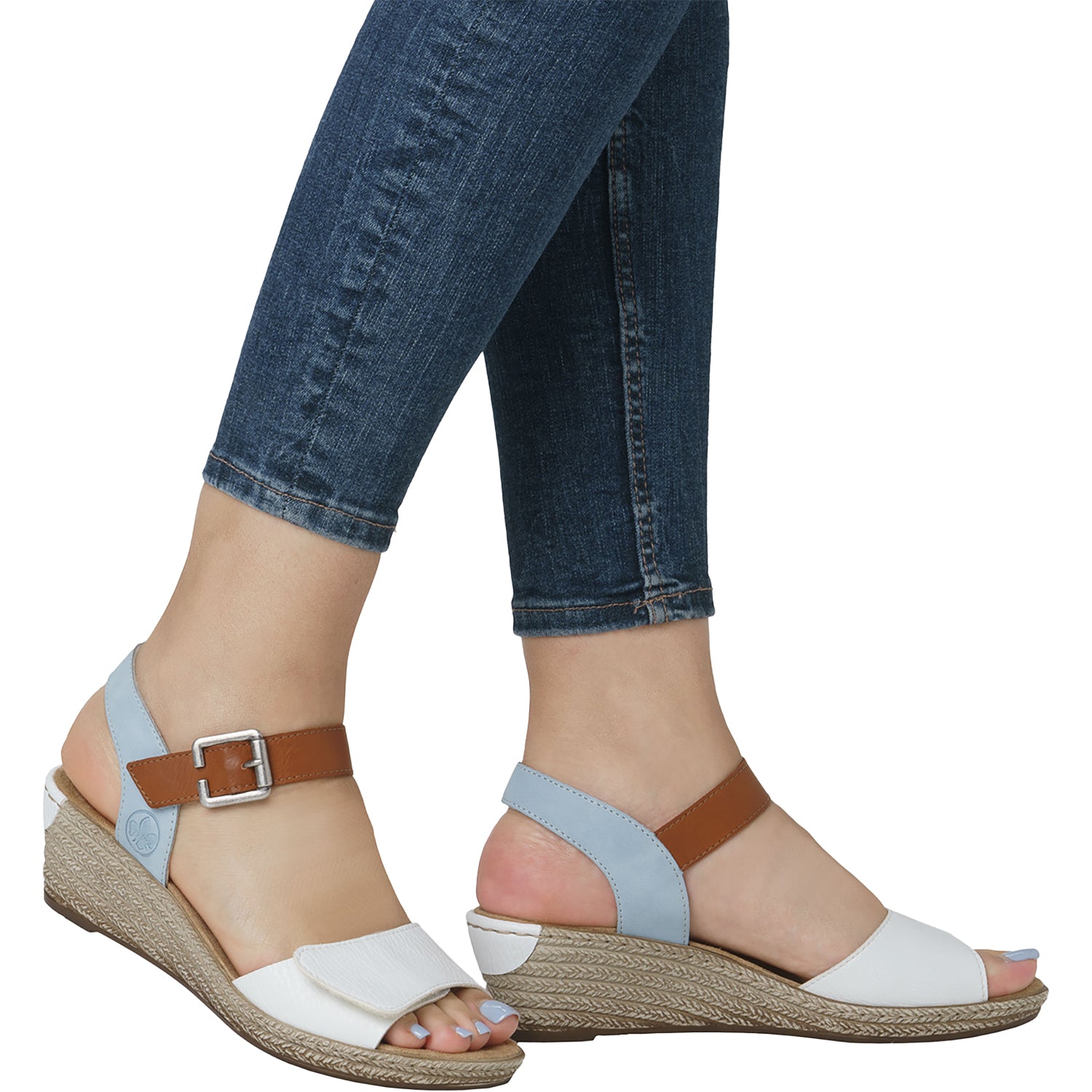 Womens Rieker Rieker 62460-80 Fanni 80 Women's Wedge Sandals Weiss/Cayenne/Ciel Synthetic Weiss/Cayenne/Ciel Synthetic