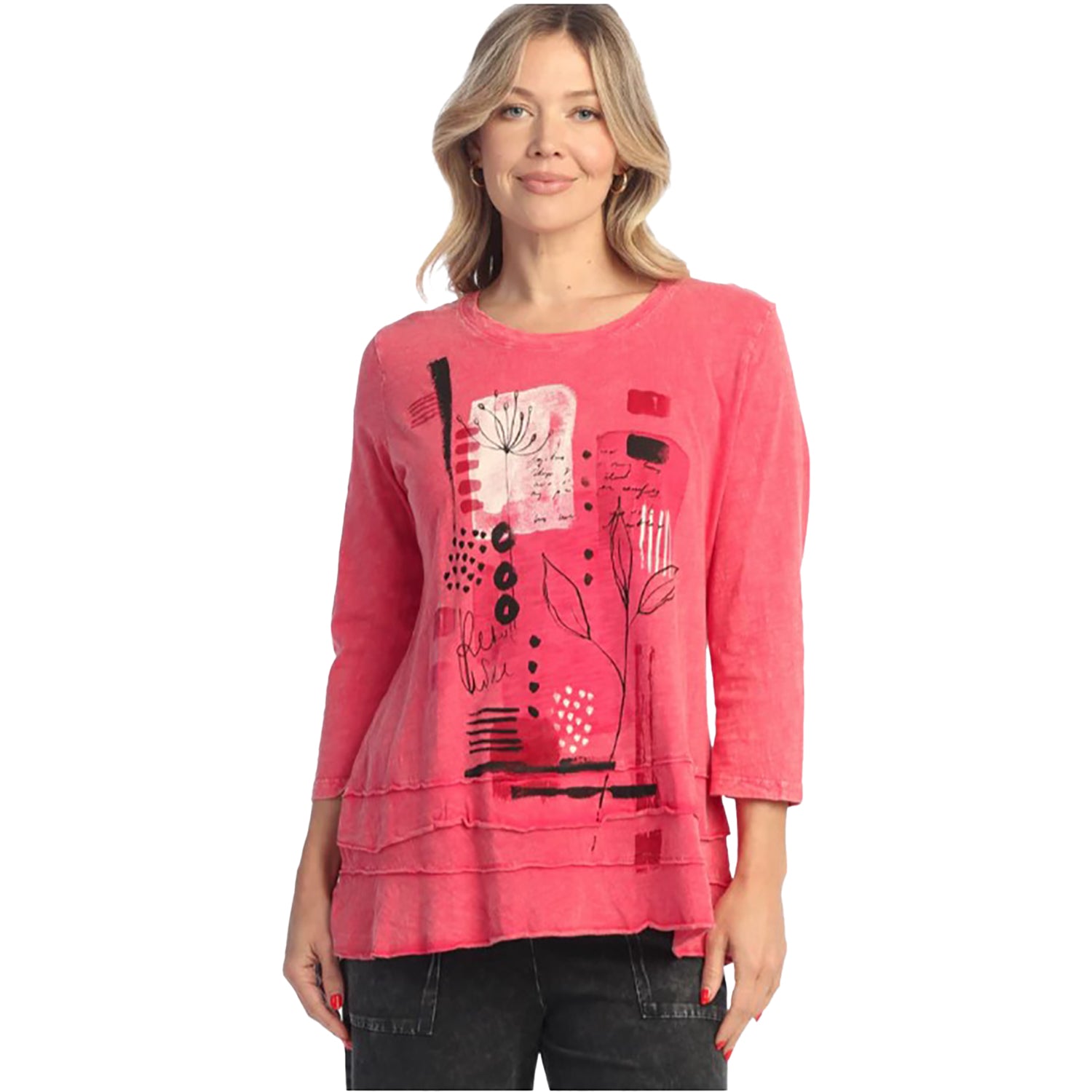 Womens Jess & jane Jess & Jane Mineral Wash 3/4 Slv Women's Long Sleeve Top Raspberry Foliage Raspberry Foliage