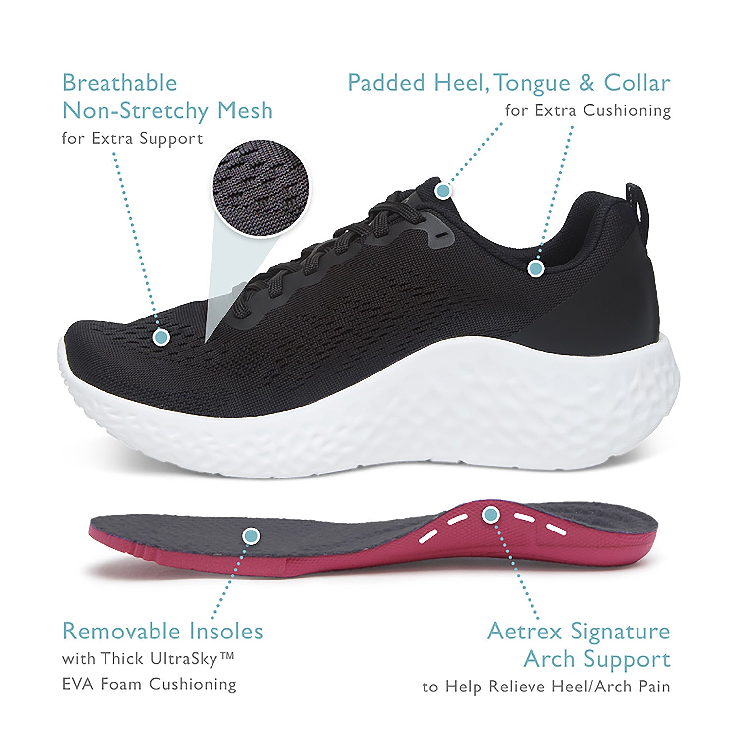 Womens Aetrex Aetrex Danika Women's Arch Support Sneakers Black Mesh Black Mesh
