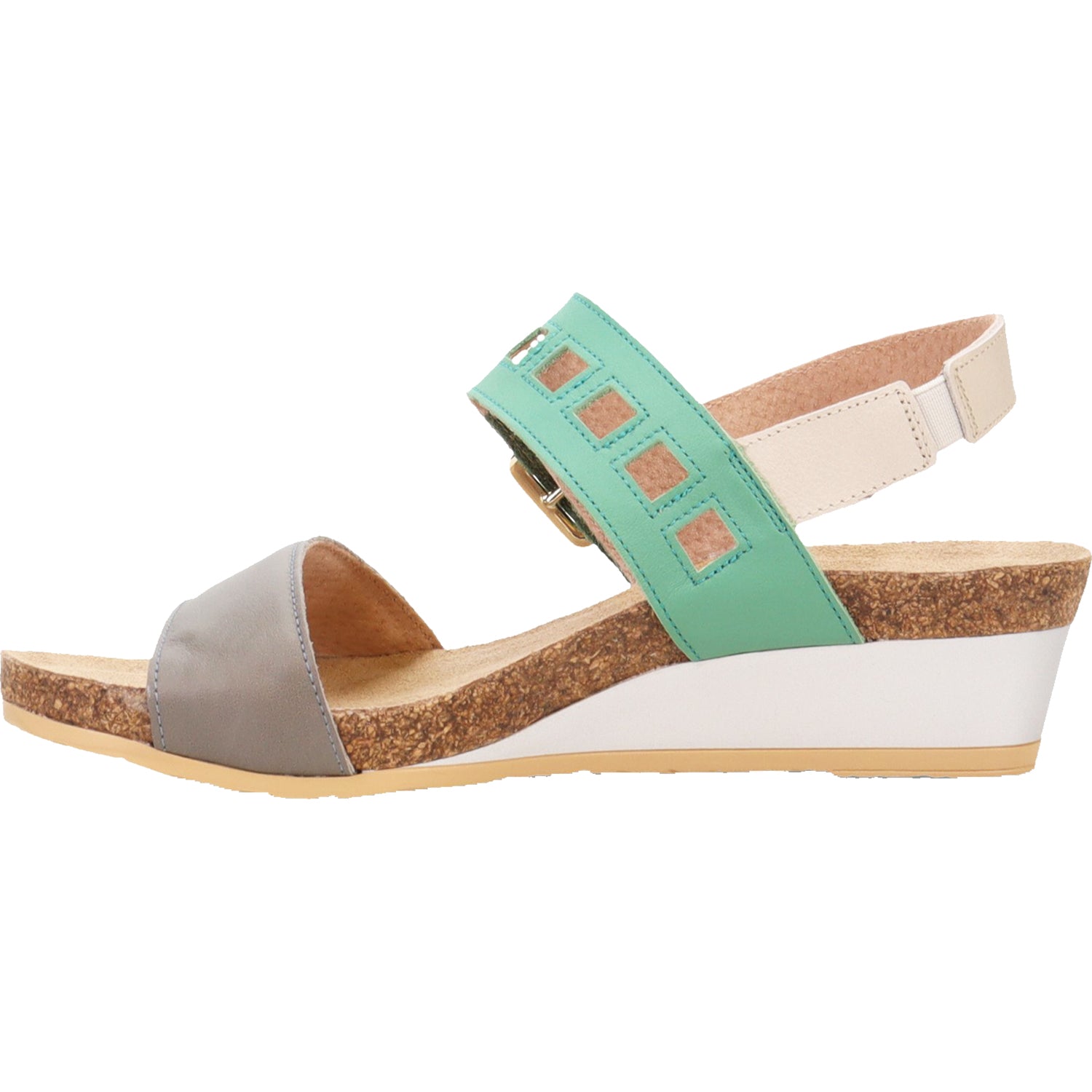 Womens Naot Naot Dynasty Women's Wedge Heel Sandals Foggy Grey/Soft Jade/Soft Ivory Leather Foggy Grey/Soft Jade/Soft Ivory Leather