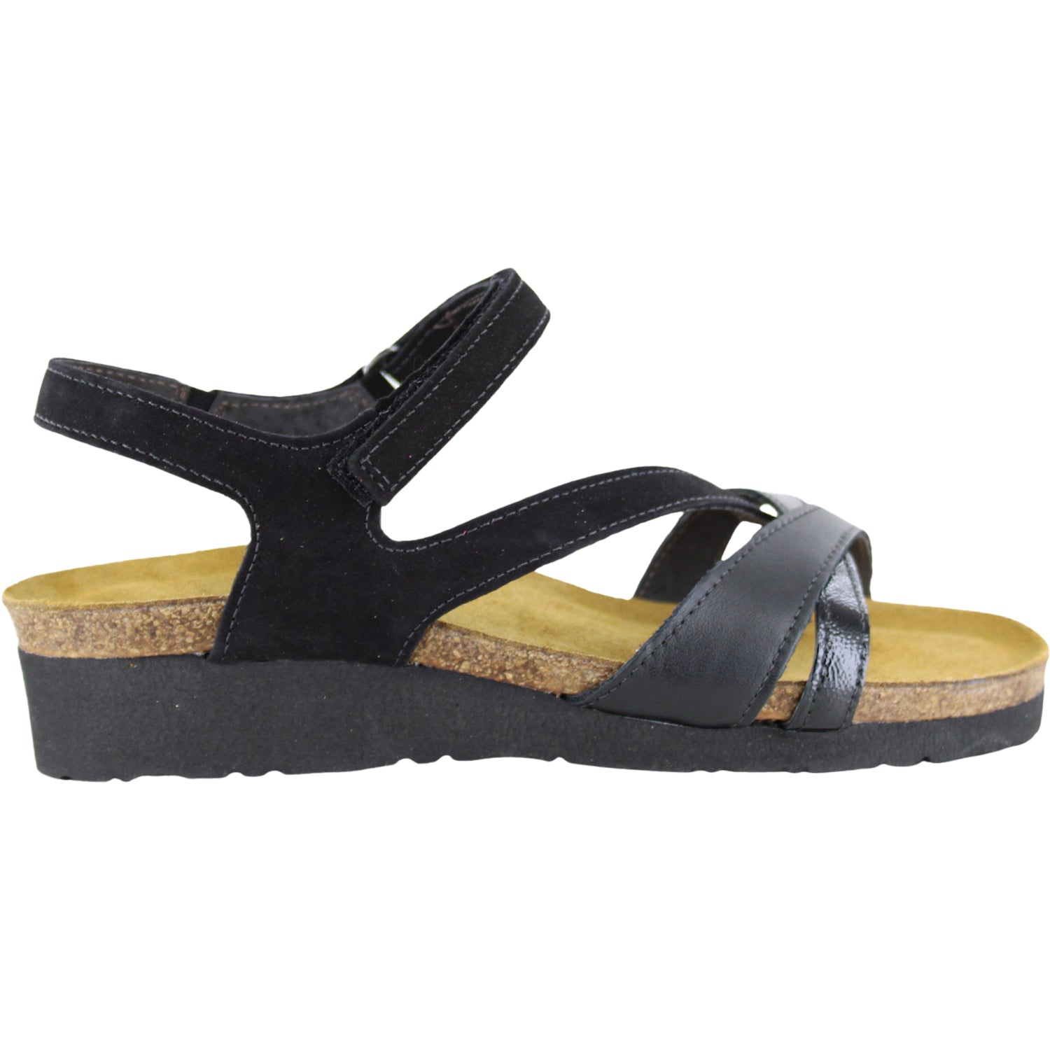 Womens Naot Naot Sophia Women's Sandals Black Velvet/JetBlack/Black Crinkle Pat Leather Black Velvet/JetBlack/Black Crinkle Pat. Leather