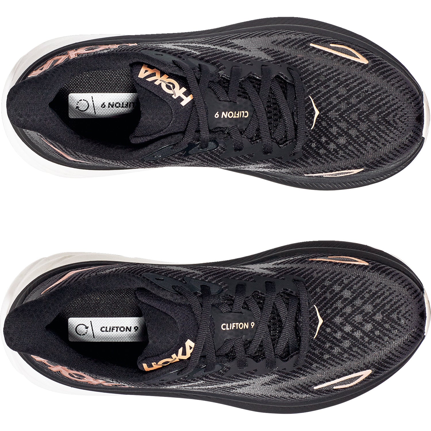 Womens Hoka one one Women's Hoka Clifton 9 Black/Rose Gold Mesh (Neutral Support) Black/Rose Gold Mesh