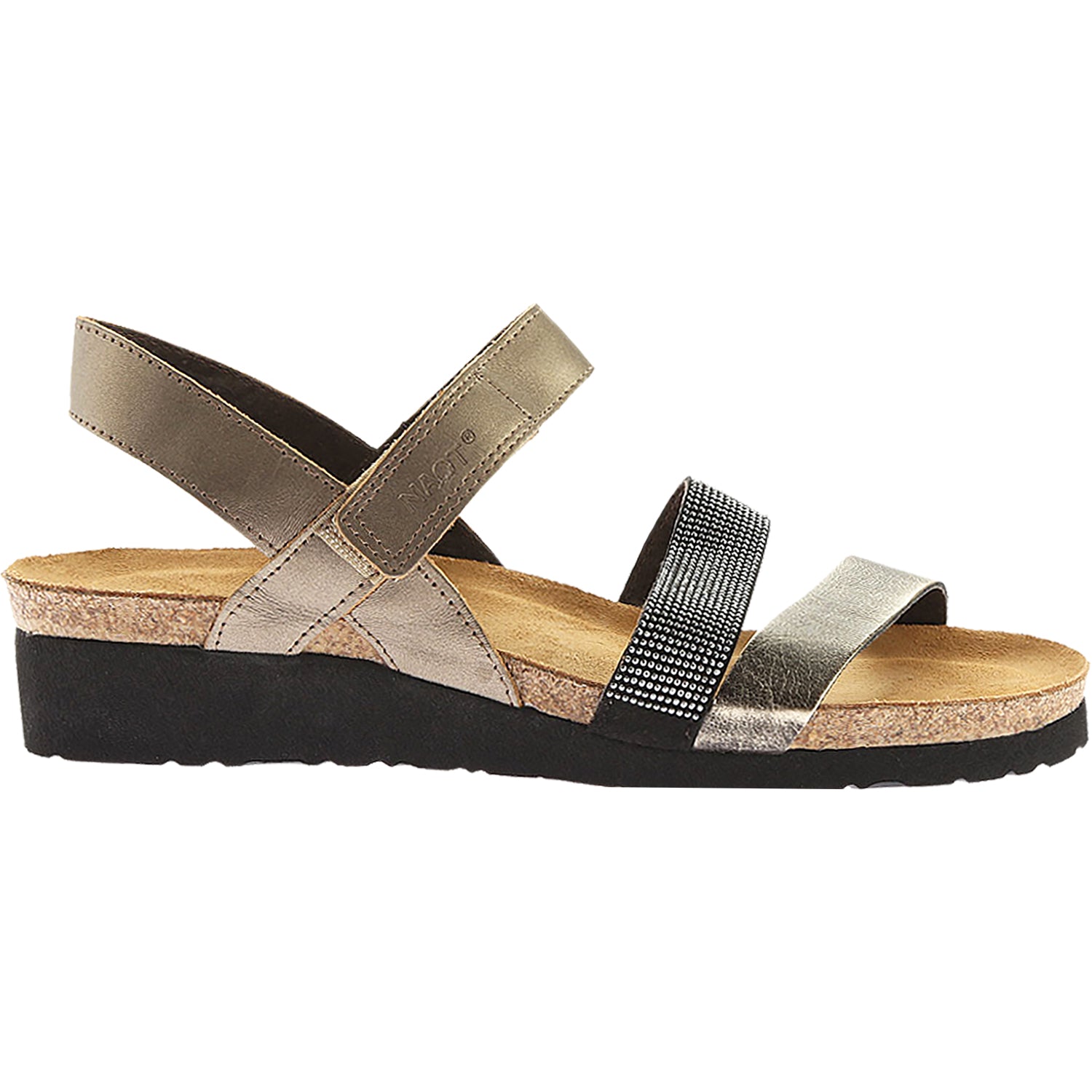 Womens Naot Naot Krista Women's Wedge Sandals Pewter/Black/Metal Leather Pewter/Black/Metal Leather
