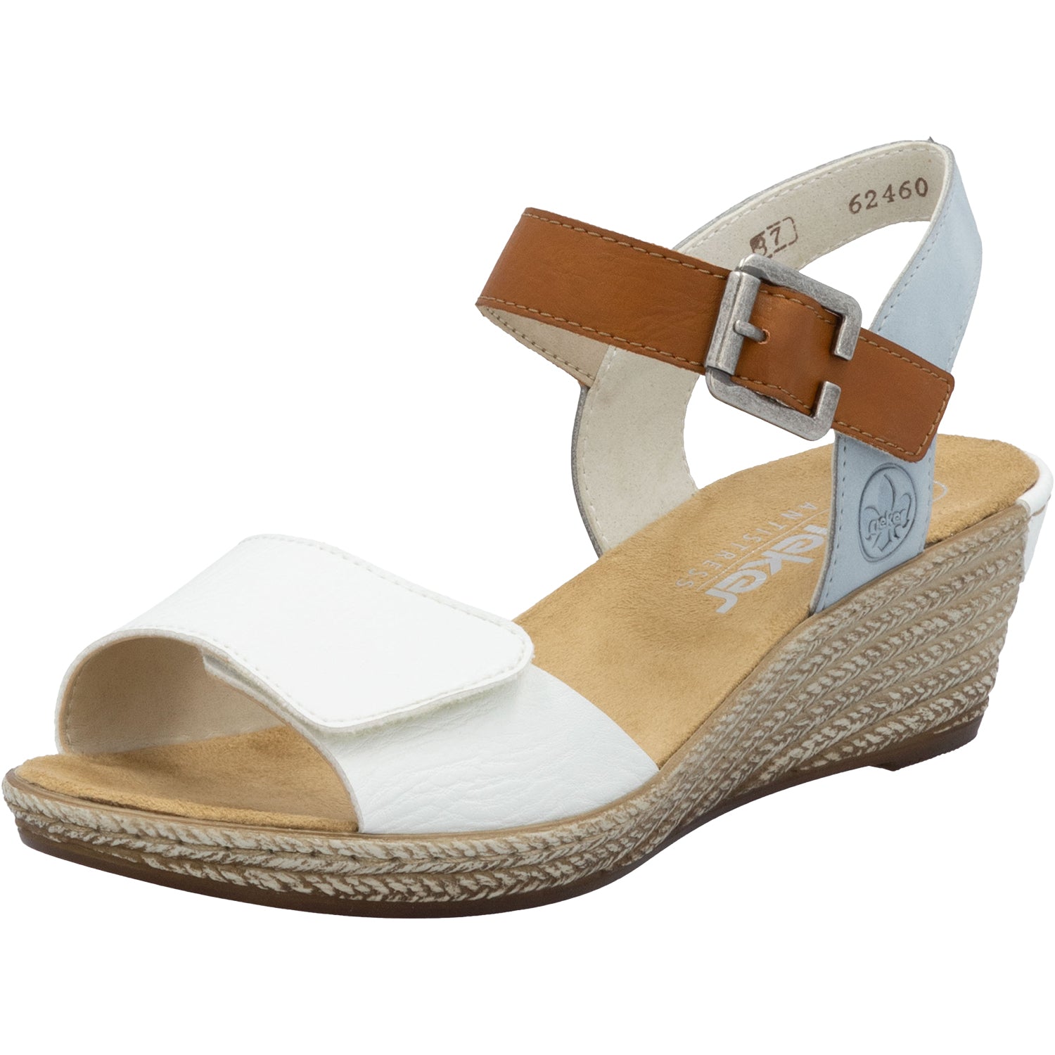 Womens Rieker Rieker 62460-80 Fanni 80 Women's Wedge Sandals Weiss/Cayenne/Ciel Synthetic Weiss/Cayenne/Ciel Synthetic