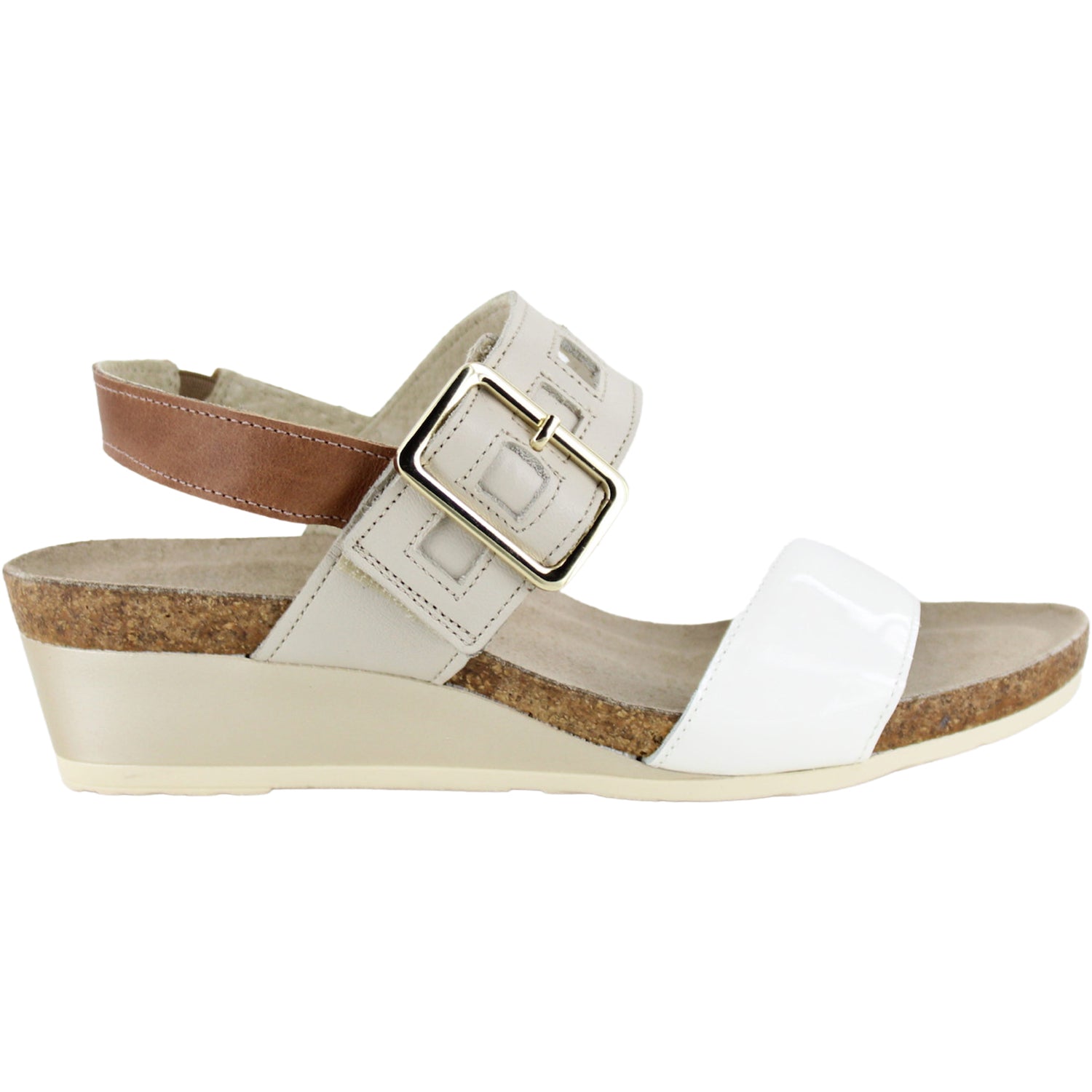 Womens Naot Naot Dynasty Women's Wedge Sandals Porcelain Pearl/Soft Ivory/Latte Leather Porcelain Pearl/Soft Ivory/Latte Leather