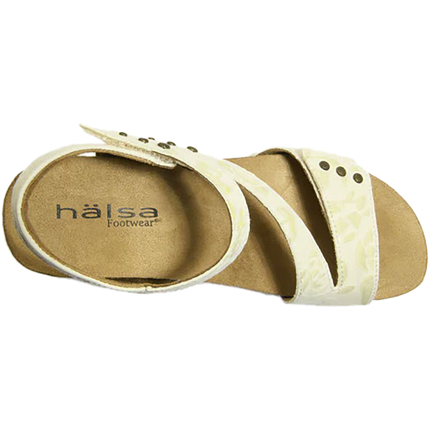 Womens Halsa Halsa Giselle Women's Wedge Sandals Ivory/Metallic Flower Leather Ivory/Metallic Flower Leather