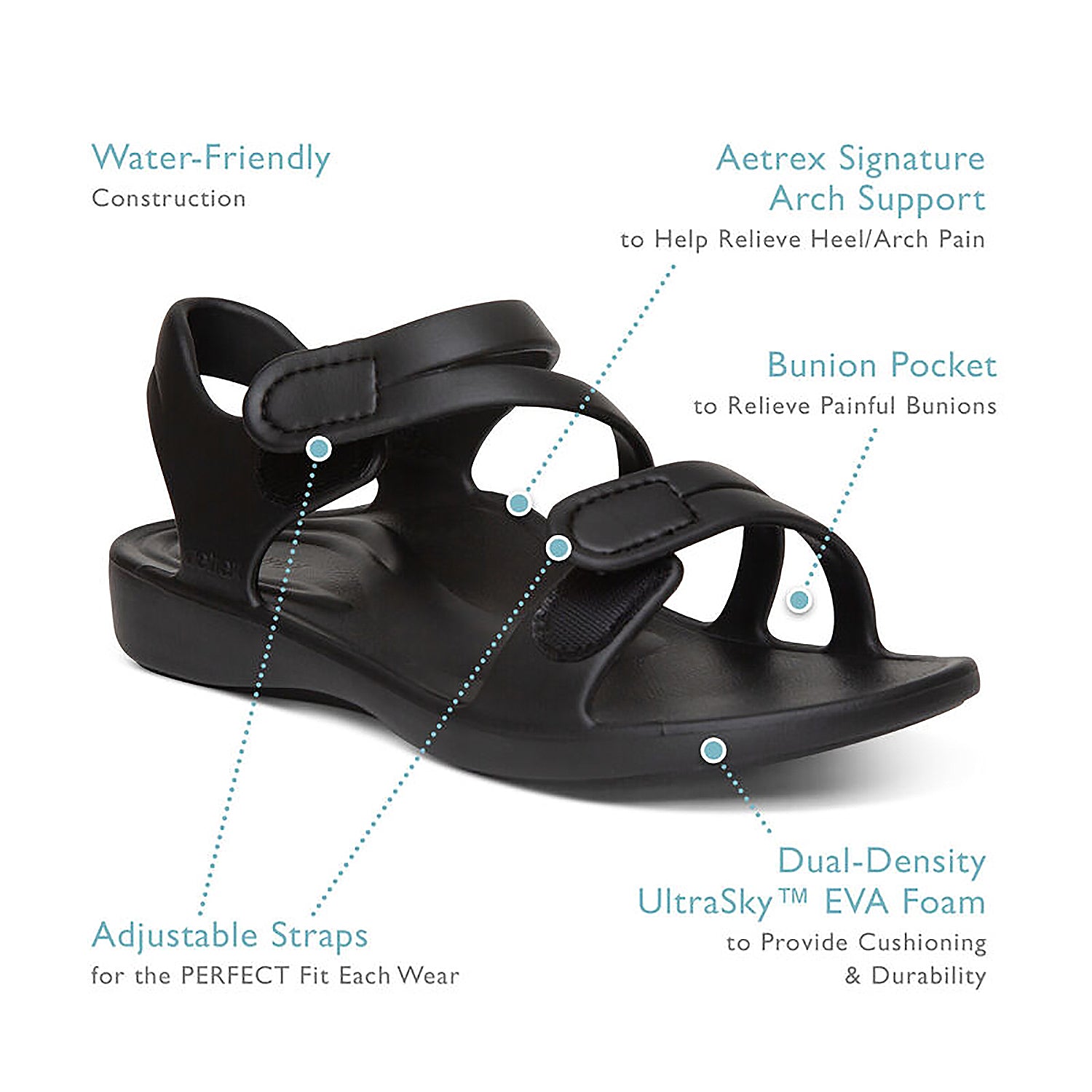 Womens Aetrex Aetrex Jillian Sport Women's Backstrap Sandals Black EVA Black EVA