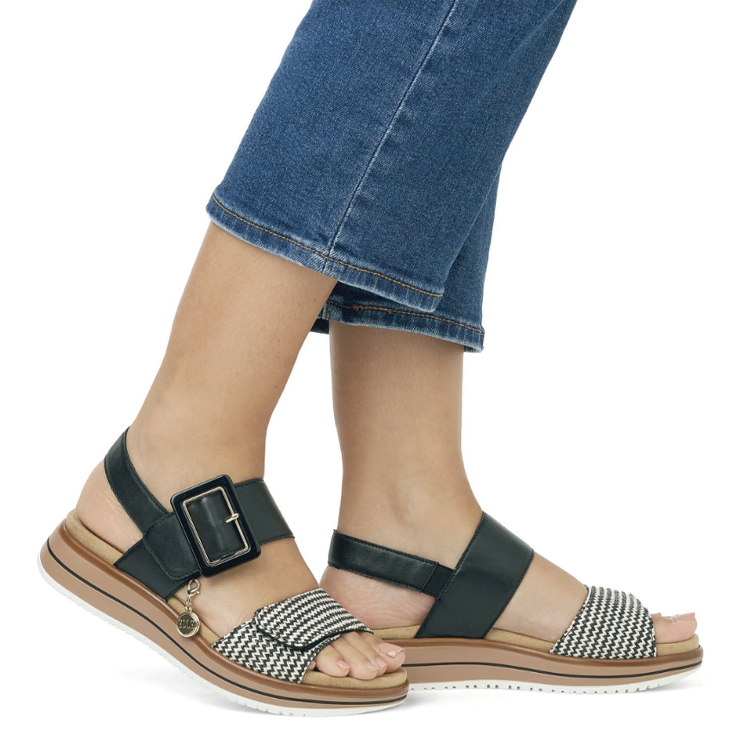 Womens Remonte Remonte D1J53-02 Women's Sandals Schwarz/Cream/Schwarz Leather Schwarz/Cream/Schwarz Leather