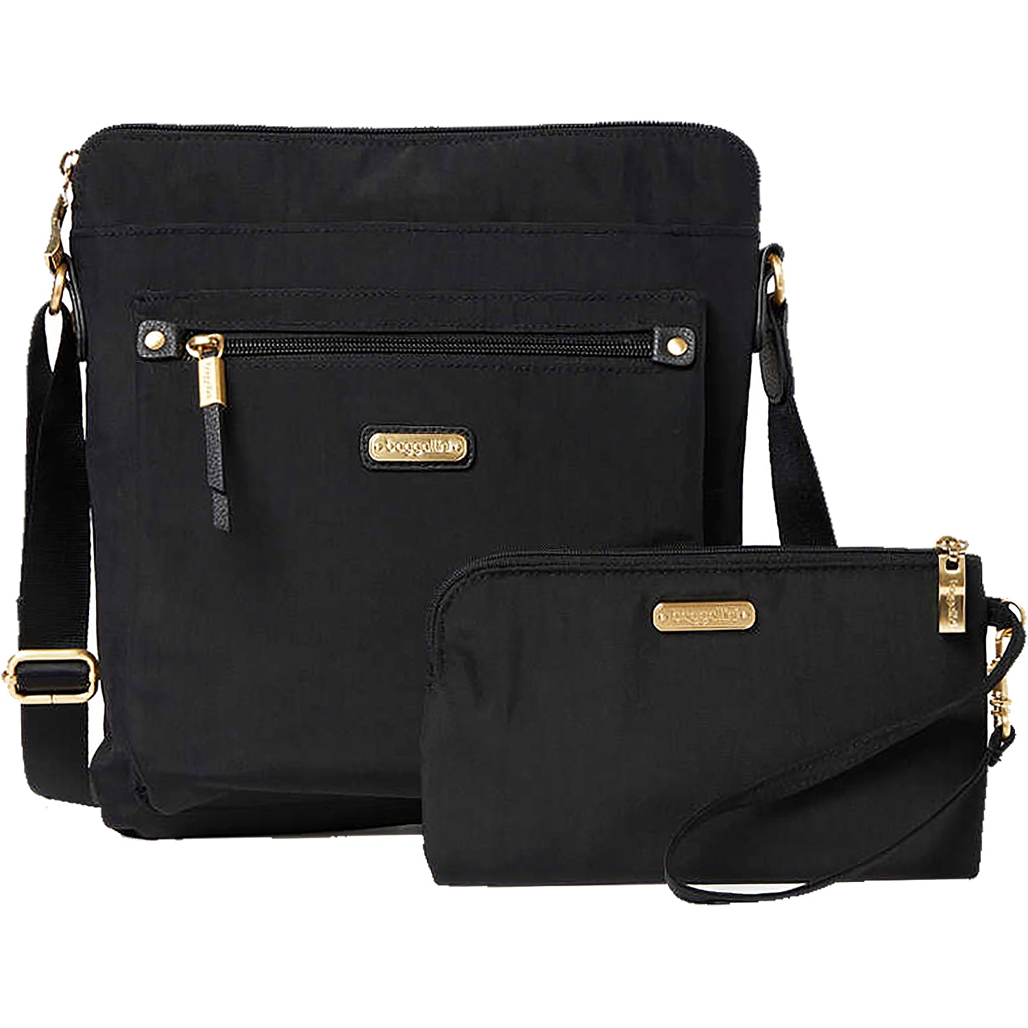 Womens Baggallini Baggallini Go Bagg with RFID Phone Wristlet Black/Gold Nylon Black/Gold Nylon