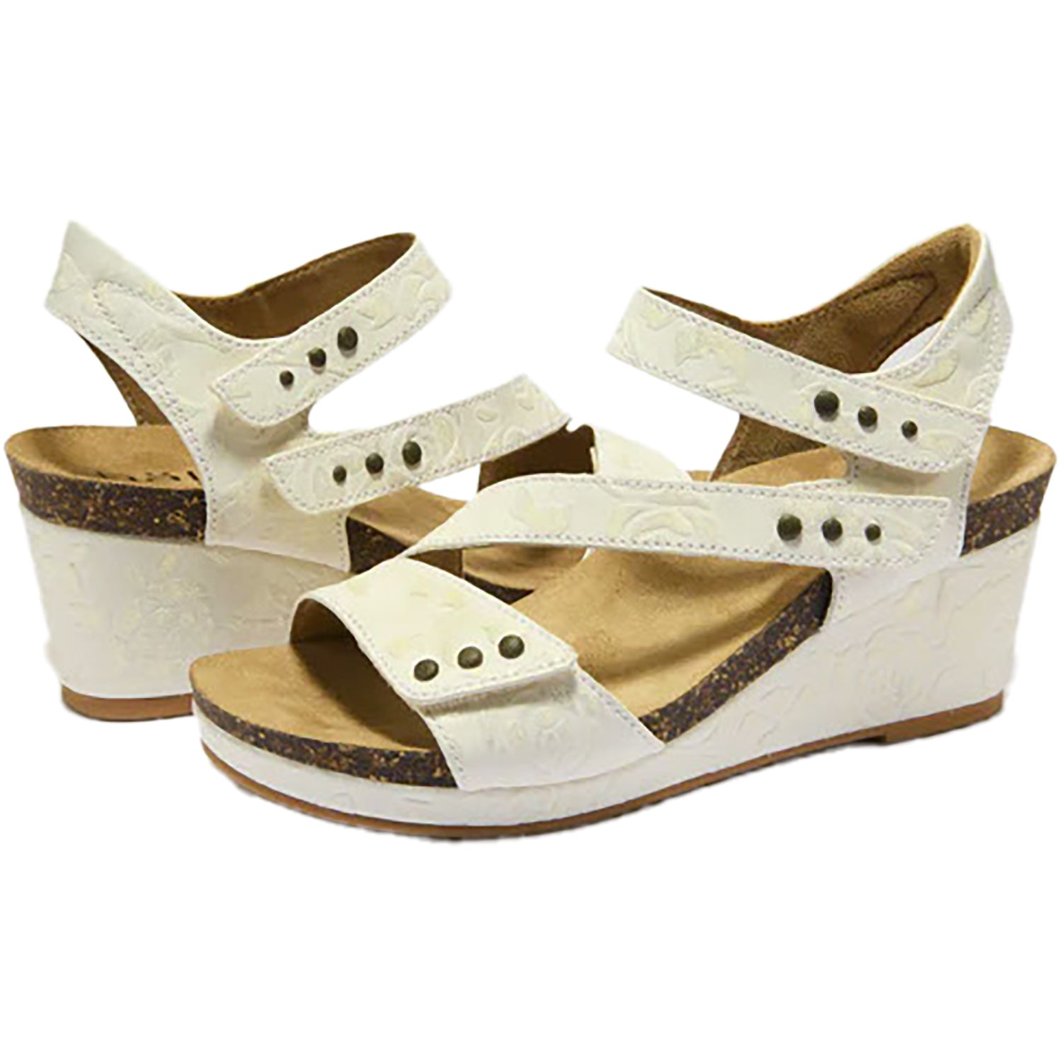 Womens Halsa Halsa Giselle Women's Wedge Sandals Ivory/Metallic Flower Leather Ivory/Metallic Flower Leather