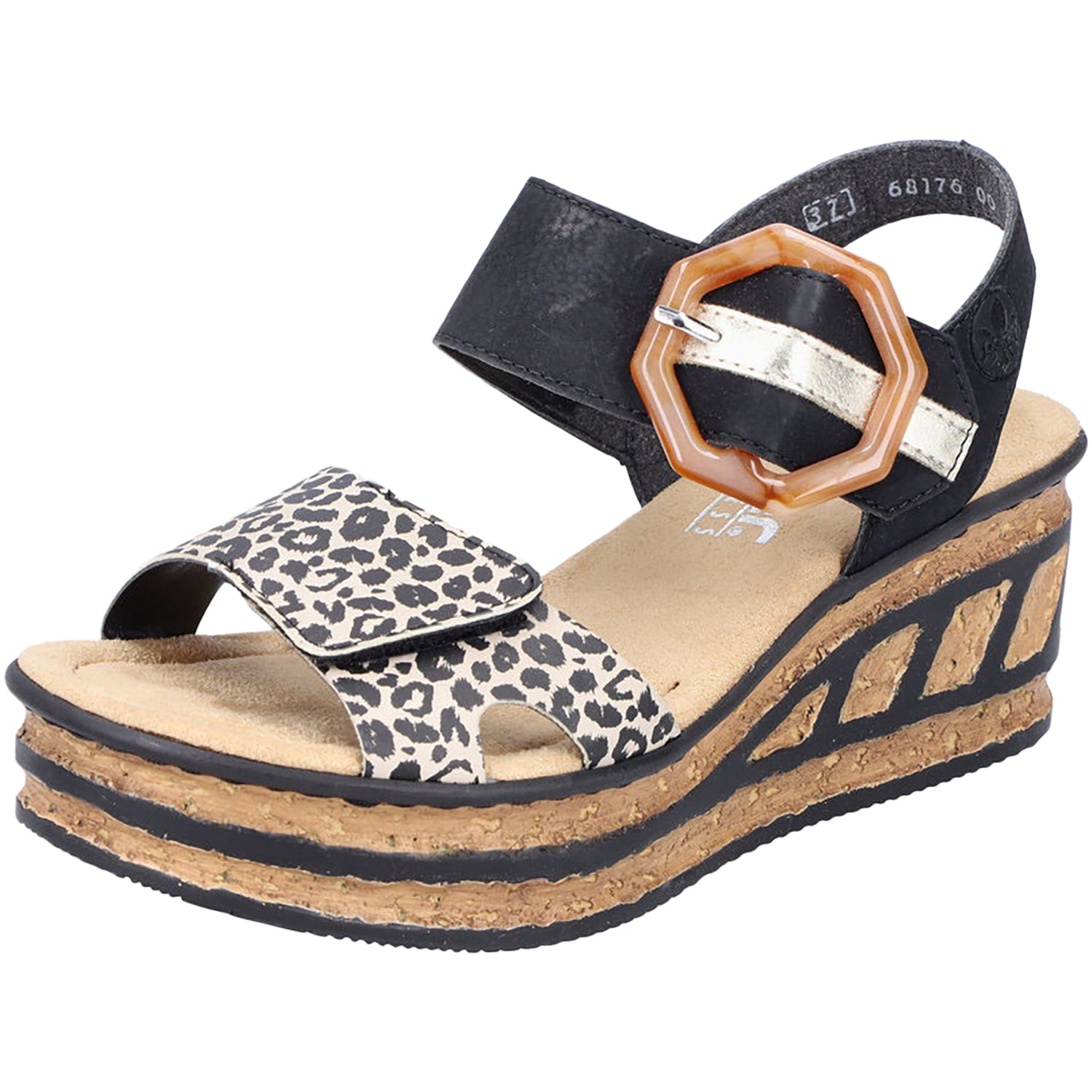 Womens Rieker Rieker 68176-00 Women's Wedge Sandals Ginger/Schwarz/Lightgold Synthetic Ginger/Schwarz/Lightgold Synthetic