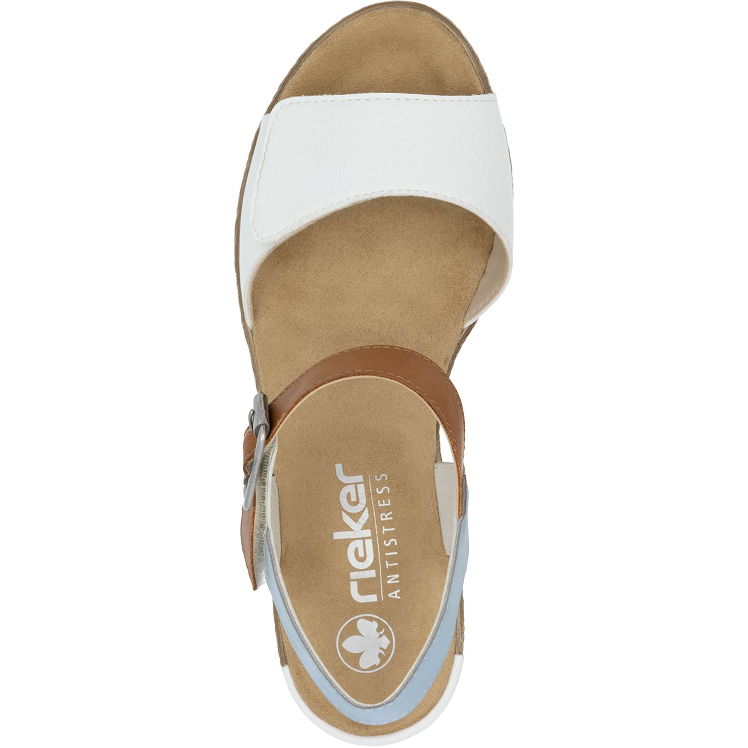 Womens Rieker Rieker 62460-80 Fanni 80 Women's Wedge Sandals Weiss/Cayenne/Ciel Synthetic Weiss/Cayenne/Ciel Synthetic