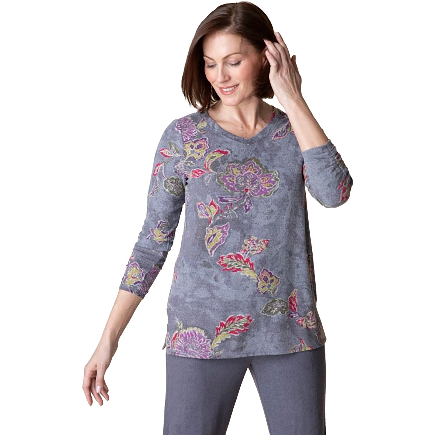 Womens Habitat Habitat Ruched V Neck Women's Long Sleeve Top Iron Vintage Floral Iron Vintage Floral