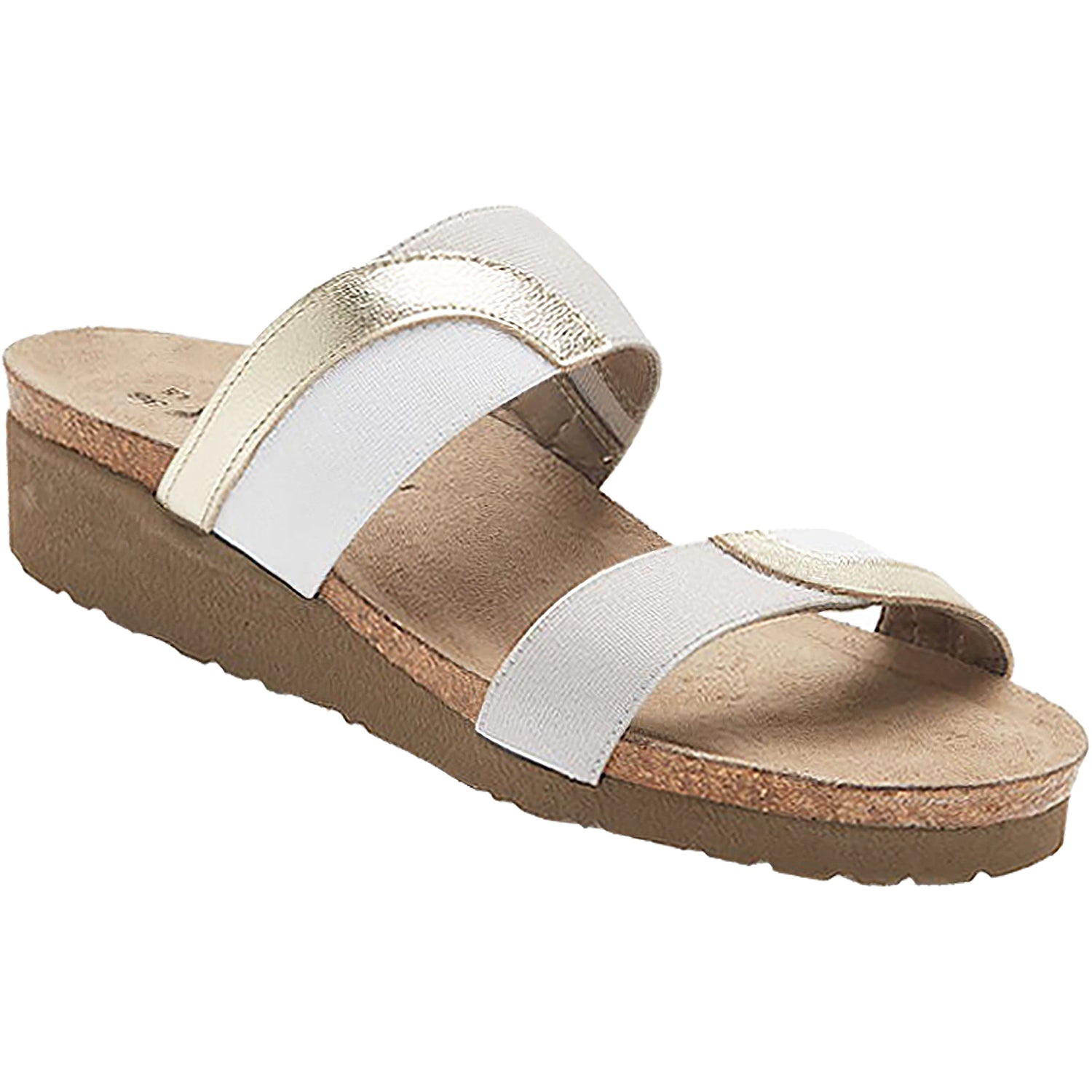 Womens Naot Naot Frankie Women's Slide Sandals Radiant Gold/Ice Grey Leather/Elastic Radiant Gold/Ice Grey Leather/Elastic
