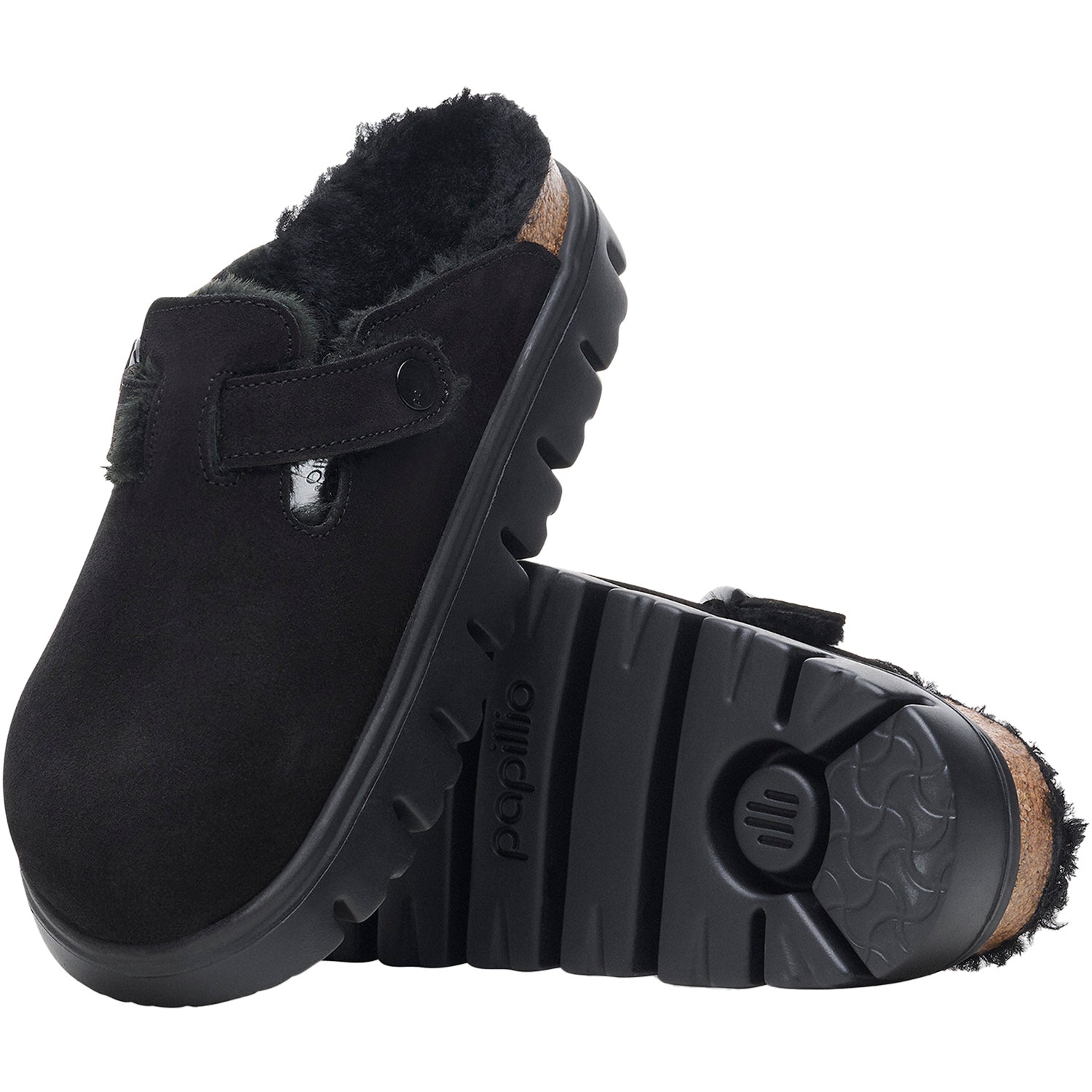 Womens Birkenstock Women's Birkenstock Boston Chunky Shearling Black/Black Black/Black