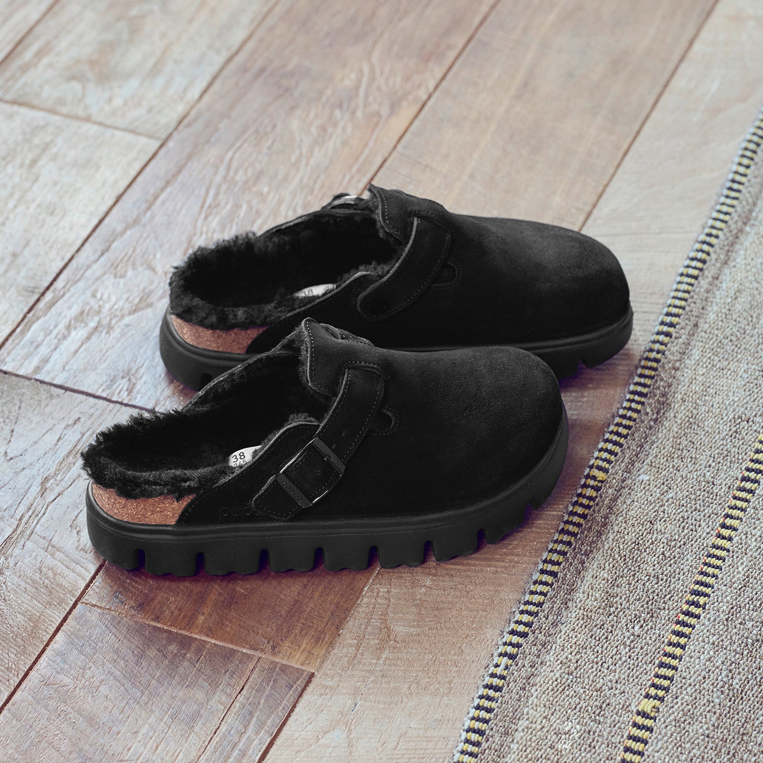 Womens Birkenstock Women's Birkenstock Boston Chunky Shearling Black/Black Black/Black